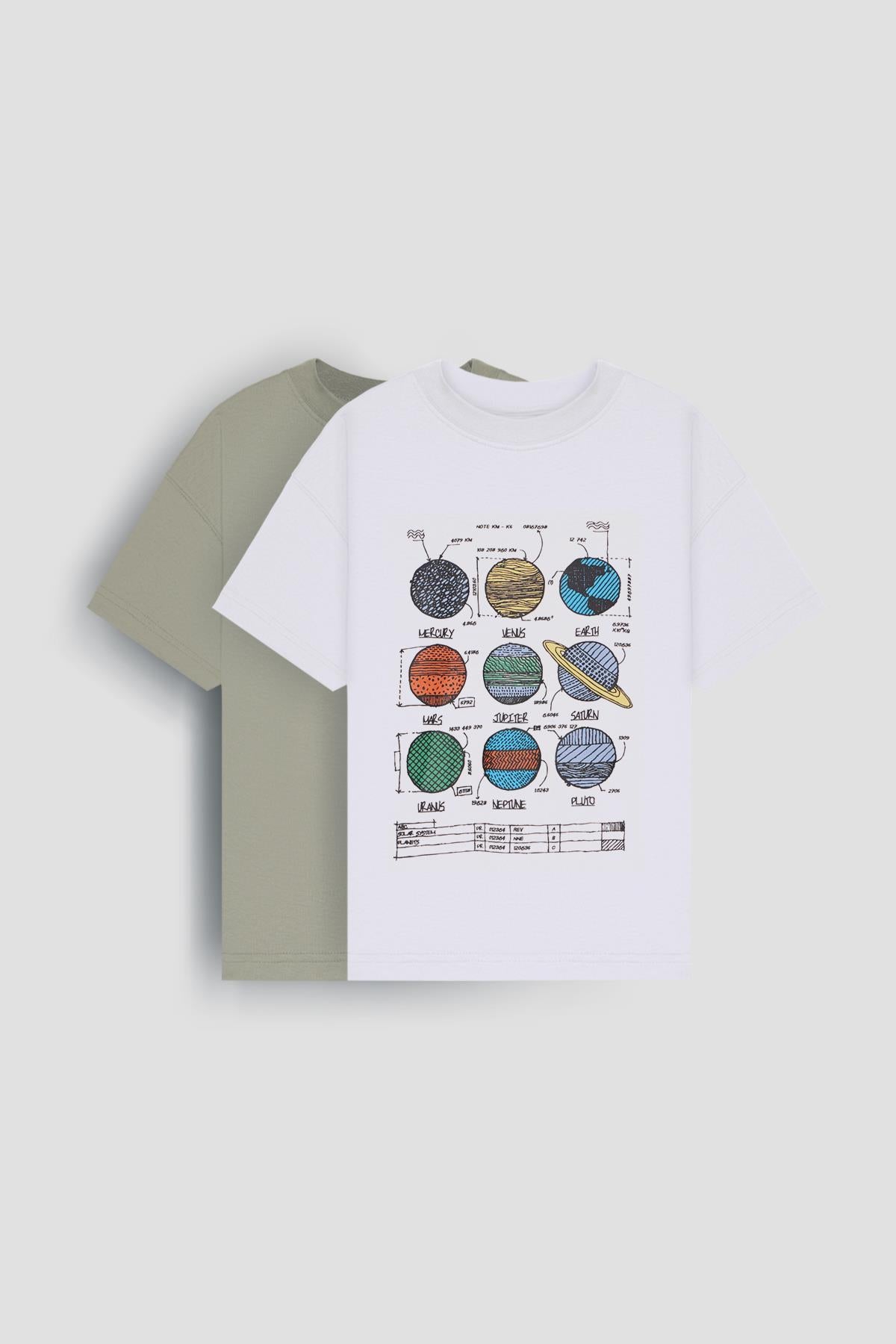 %100 Pamuk İkili Gezegen Baskılı Tişört İkili Erkek Çocuk Oversize Tişört