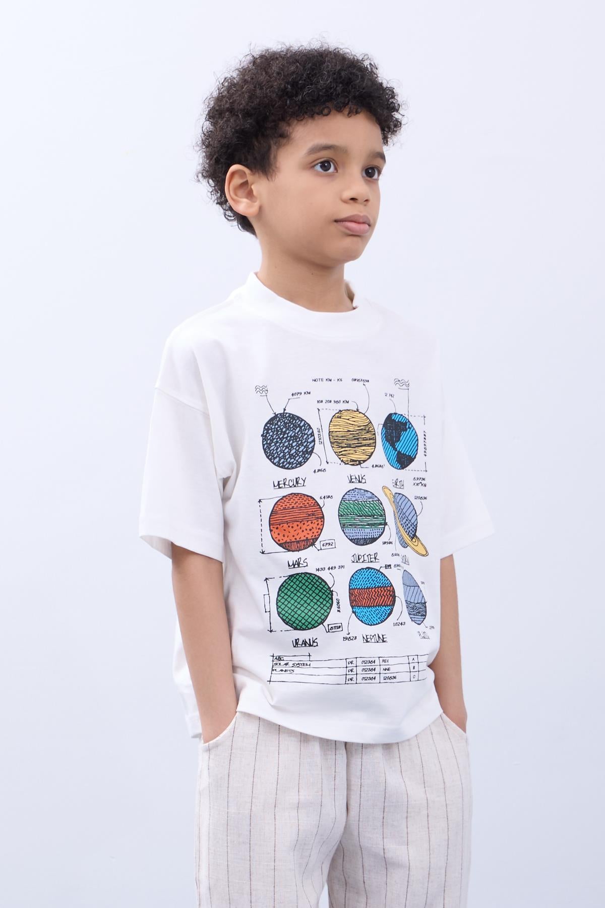 %100 Pamuk İkili Gezegen Baskılı Tişört İkili Erkek Çocuk Oversize Tişört