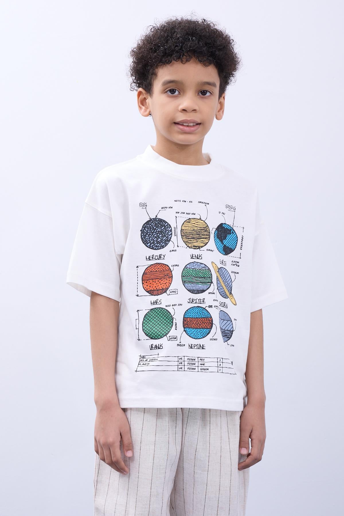 %100 Pamuk İkili Gezegen Baskılı Tişört İkili Erkek Çocuk Oversize Tişört