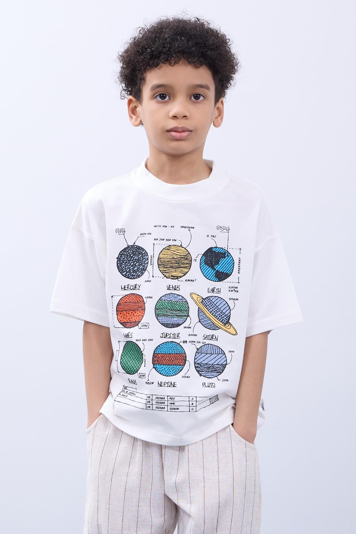 %100 Pamuk İkili Gezegen Baskılı Tişört - İkili Erkek Çocuk Oversize Tişört Ekru/Haki - Perendi