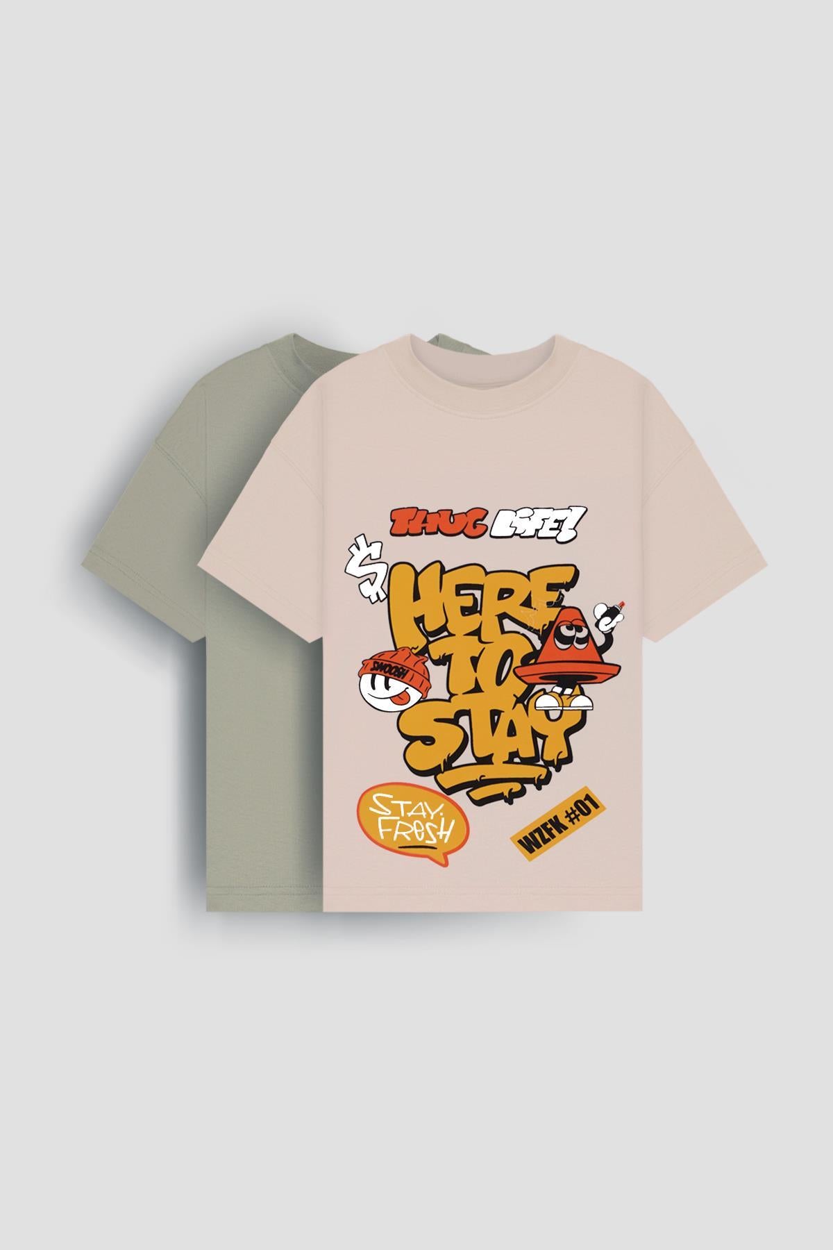 %100 Pamuk İkili Here To Stay Baskılı Tişört İkili Erkek Çocuk Oversize Tişört