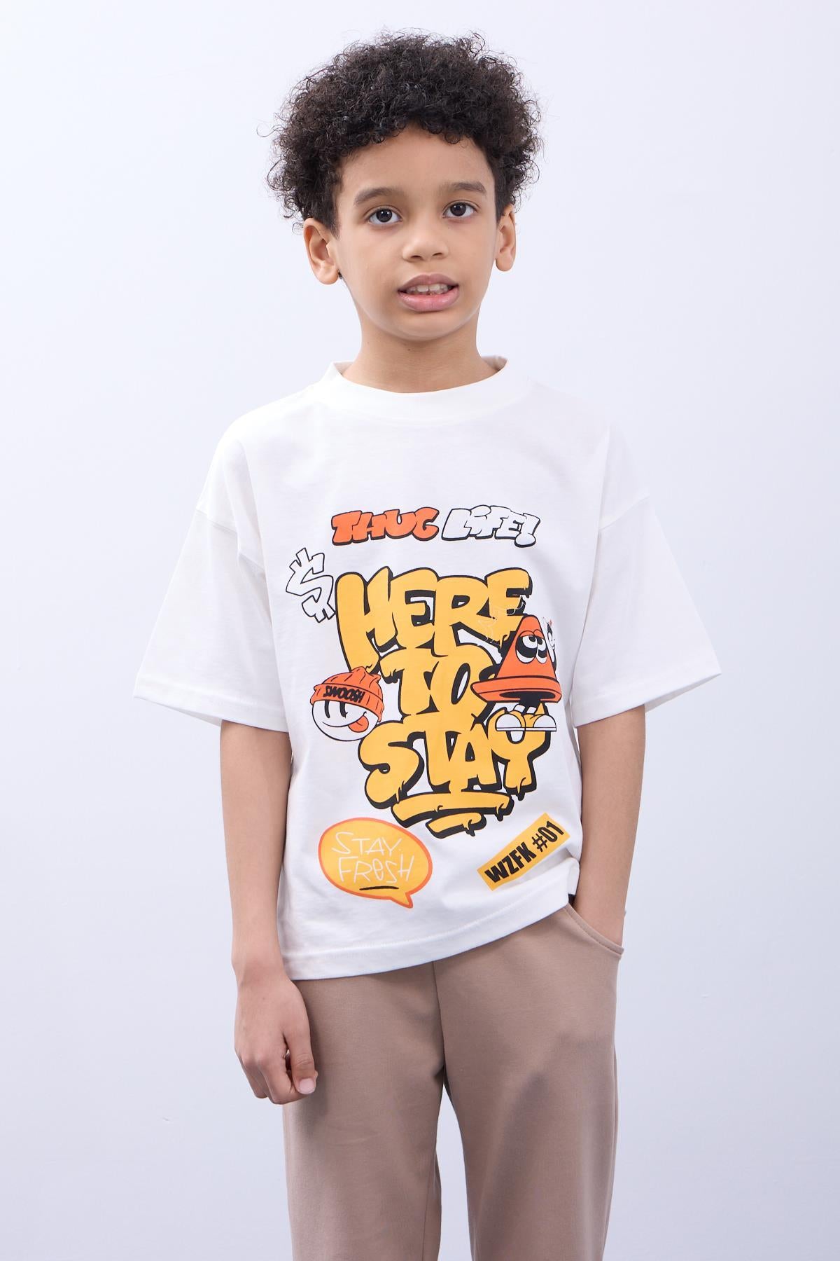 %100 Pamuk İkili Here To Stay Baskılı Tişört İkili Erkek Çocuk Oversize Tişört