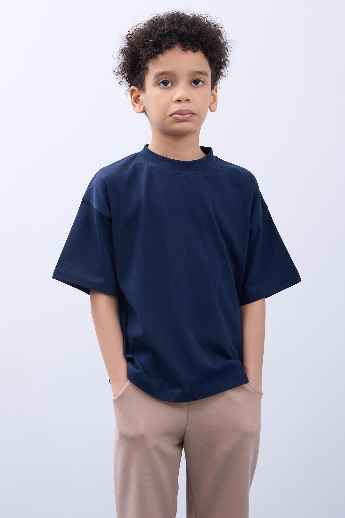 %100 Pamuk İkili Here To Stay Baskılı Tişört - İkili Erkek Çocuk Oversize Tişört Ekru/İndigo - Perendi