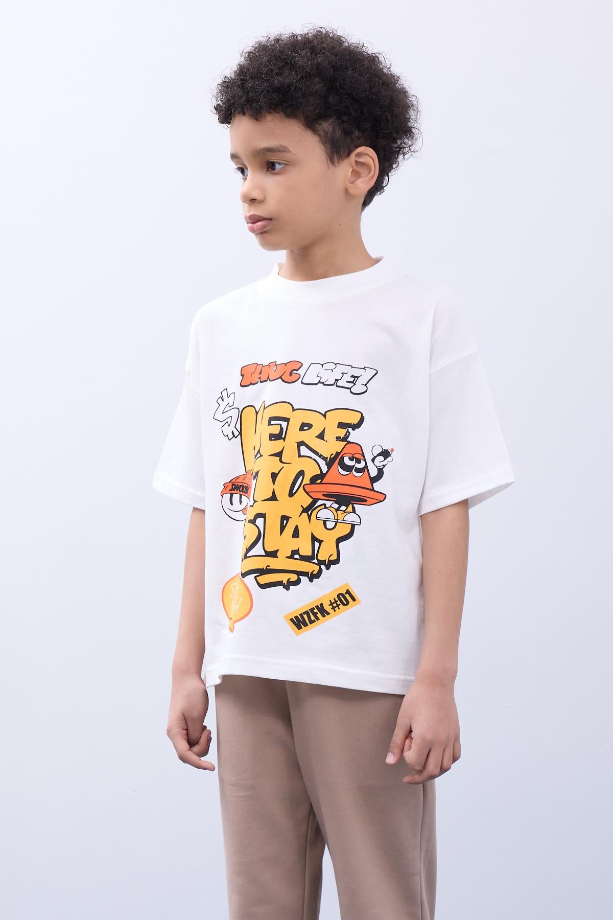 %100 Pamuk İkili Here To Stay Baskılı Tişört - İkili Erkek Çocuk Oversize Tişört Ekru/İndigo - Perendi