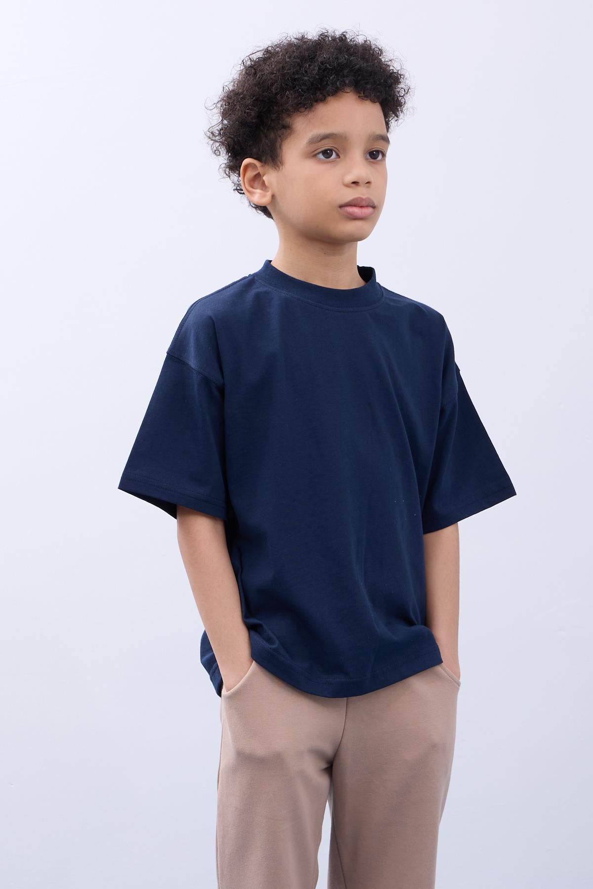 %100 Pamuk İkili Here To Stay Baskılı Tişört - İkili Erkek Çocuk Oversize Tişört Ekru/İndigo - Perendi