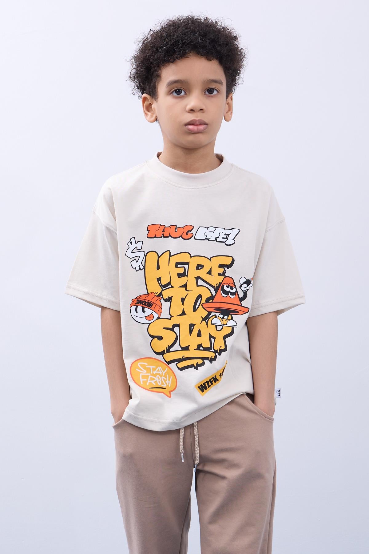 %100 Pamuk İkili Here To Stay Baskılı Tişört - İkili Erkek Çocuk Oversize Tişört Taş/Haki - Perendi