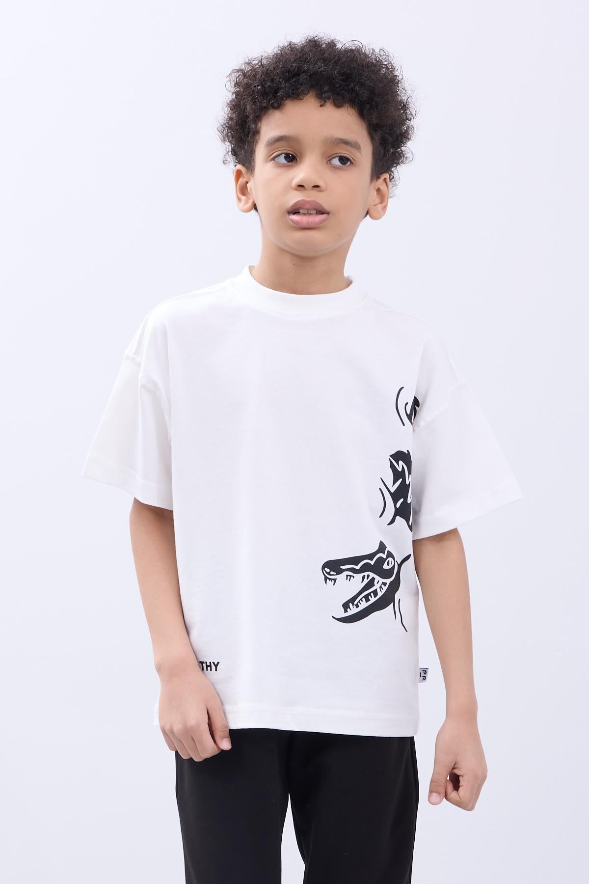 %100 Pamuk İkili Timsah Baskılı Tişört İkili Erkek Çocuk Oversize Tişört