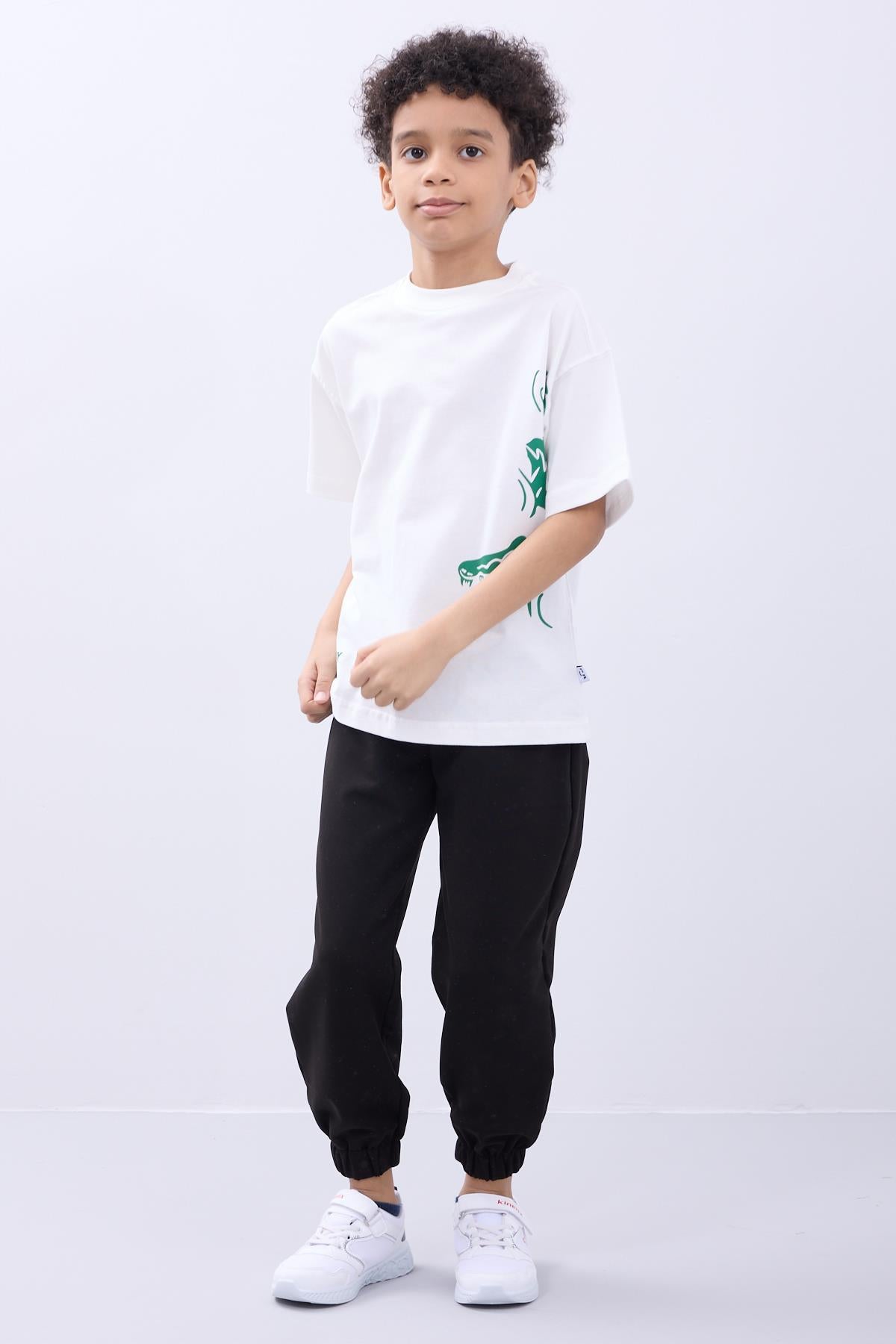 %100 Pamuk İkili Timsah Baskılı Tişört İkili Erkek Çocuk Oversize Tişört