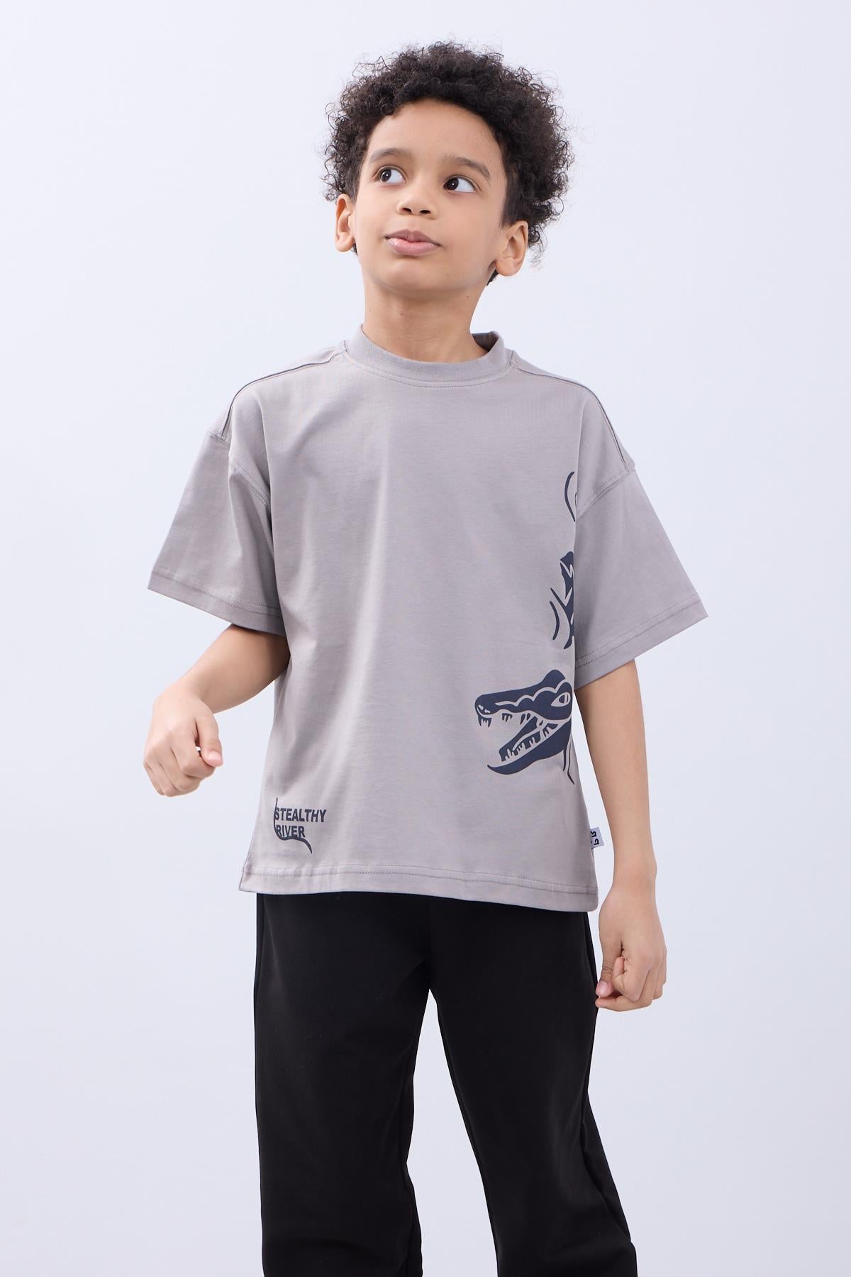 %100 Pamuk İkili Timsah Baskılı Tişört İkili Erkek Çocuk Oversize Tişört