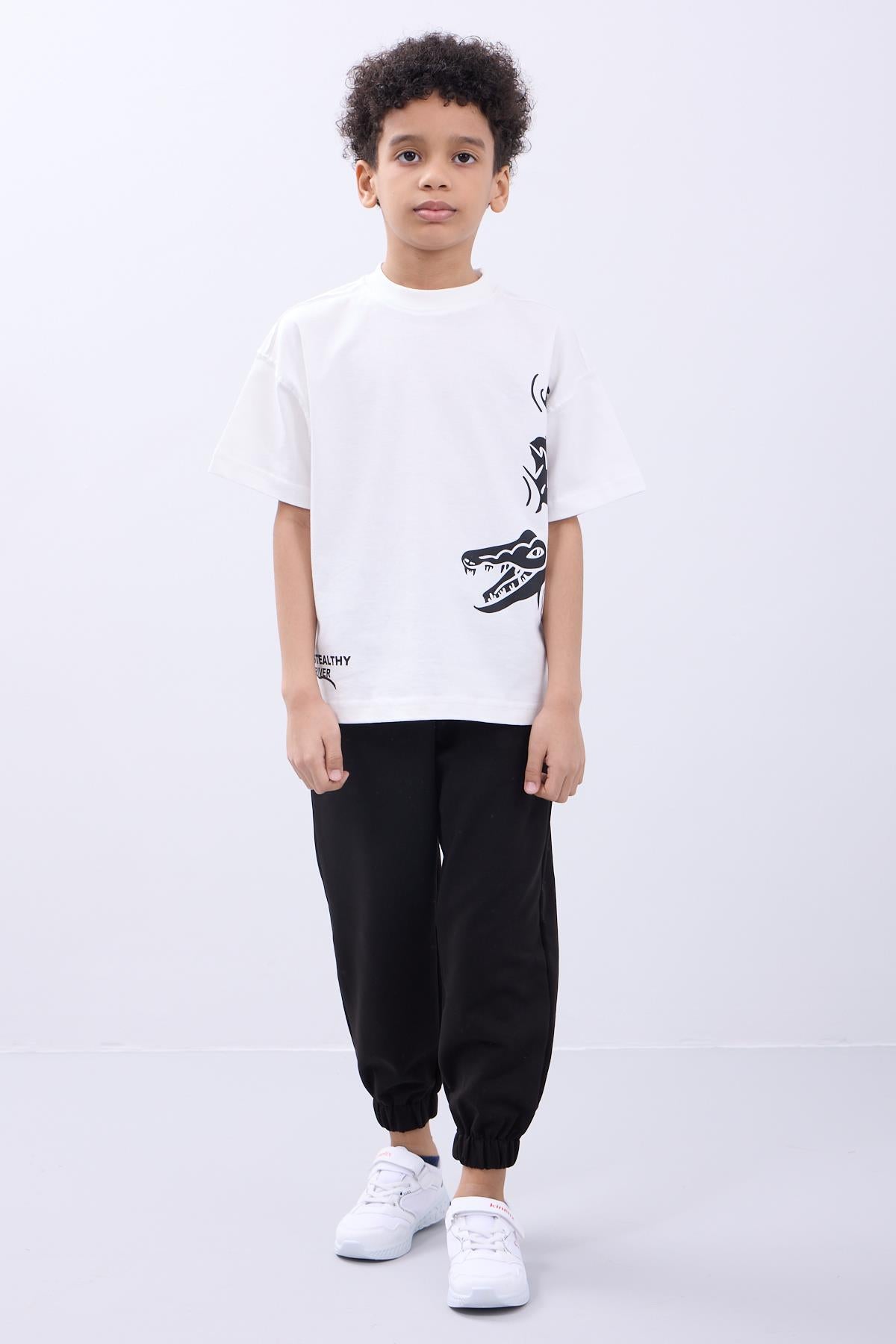 %100 Pamuk İkili Timsah Baskılı Tişört - İkili Erkek Çocuk Oversize Tişört Ekru/Siyah - Perendi