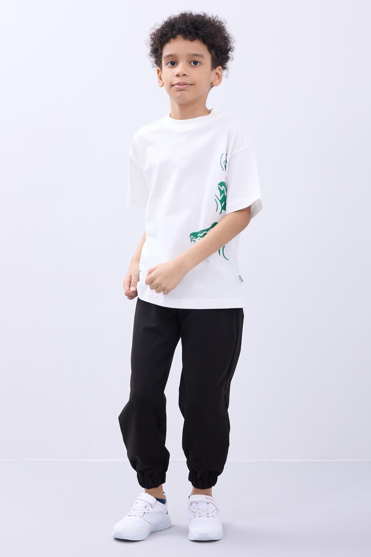 %100 Pamuk İkili Timsah Baskılı Tişört - İkili Erkek Çocuk Oversize Tişört Ekru/Yeşil - Perendi