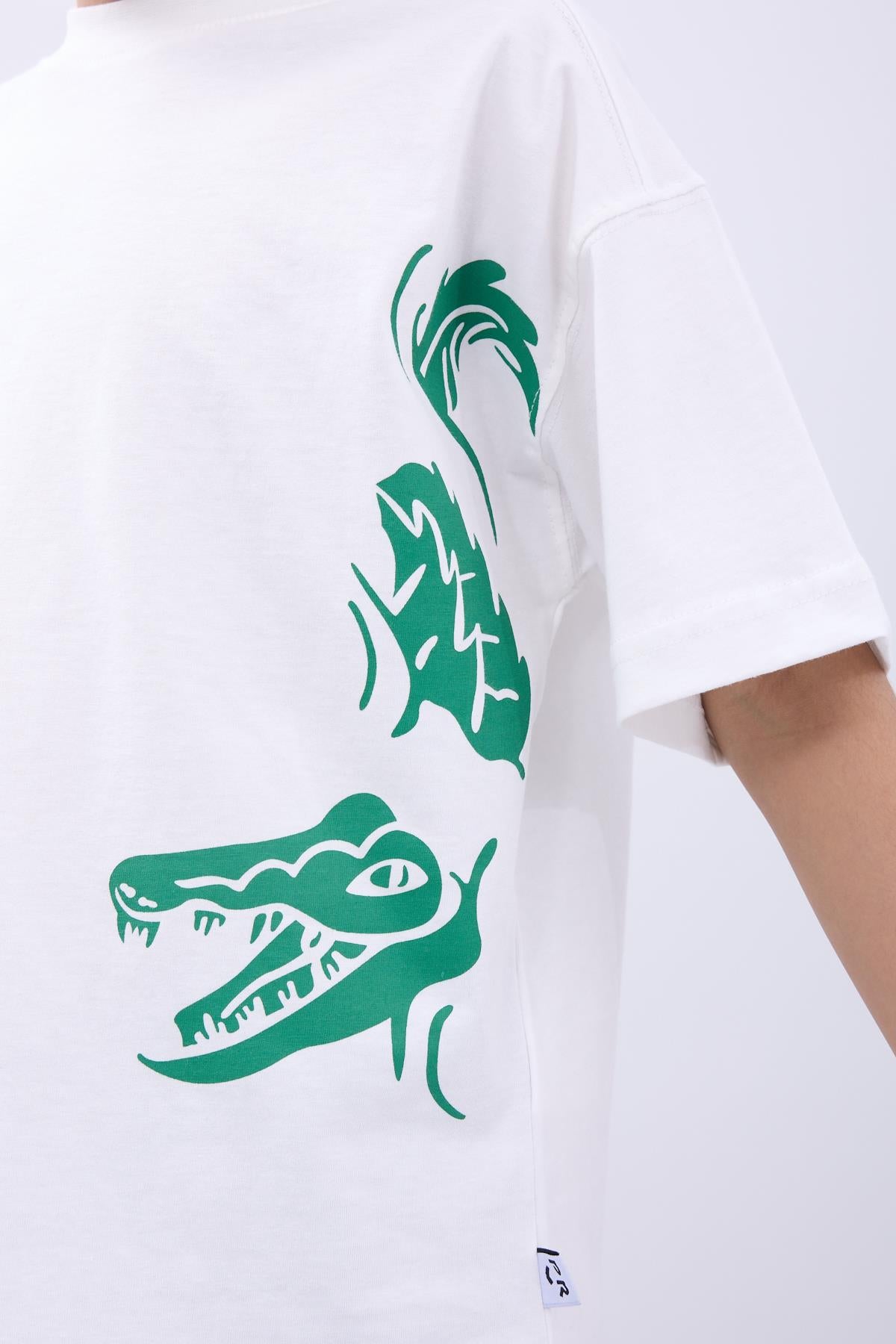 %100 Pamuk İkili Timsah Baskılı Tişört - İkili Erkek Çocuk Oversize Tişört Ekru/Yeşil - Perendi