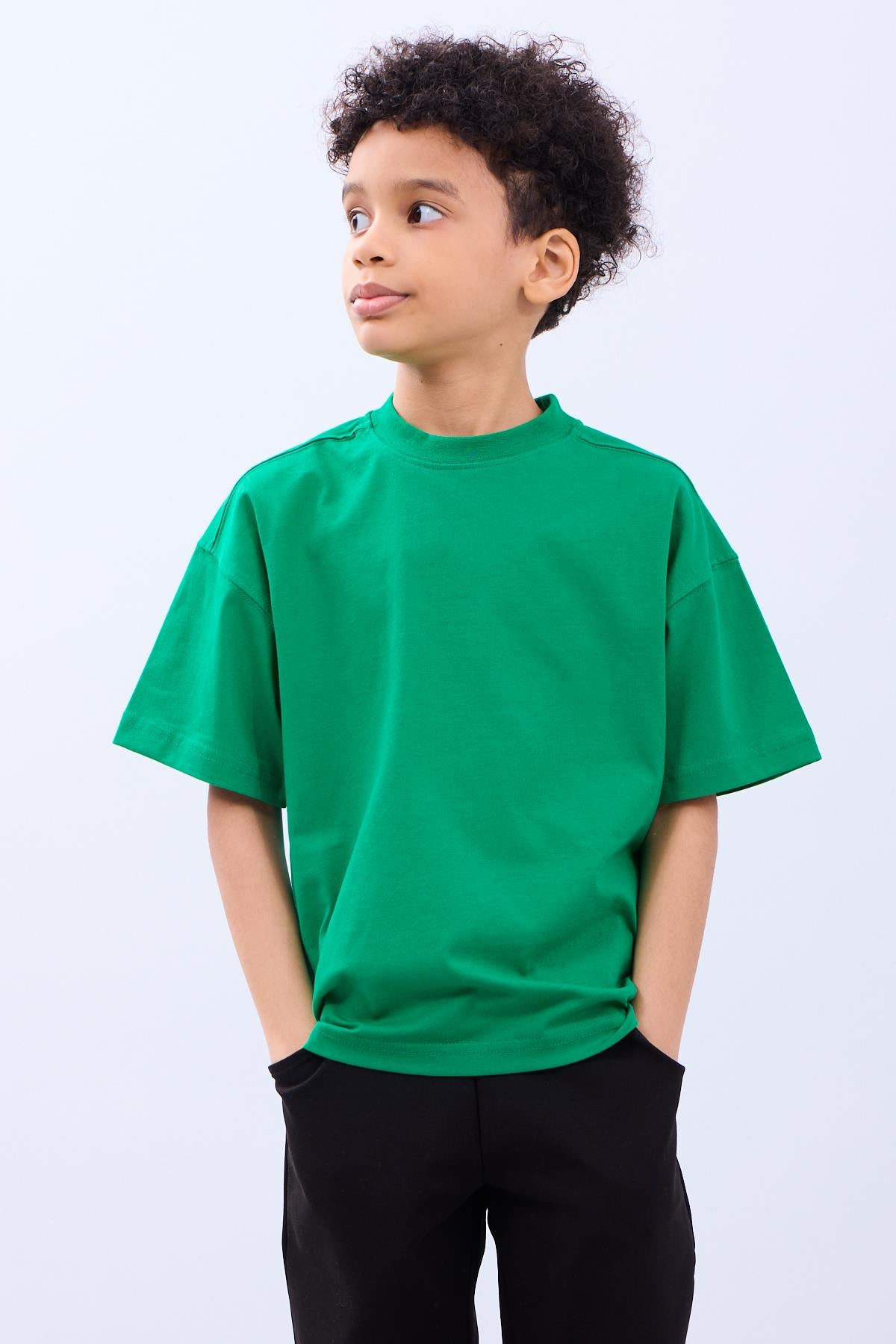 %100 Pamuk İkili Timsah Baskılı Tişört - İkili Erkek Çocuk Oversize Tişört Ekru/Yeşil - Perendi