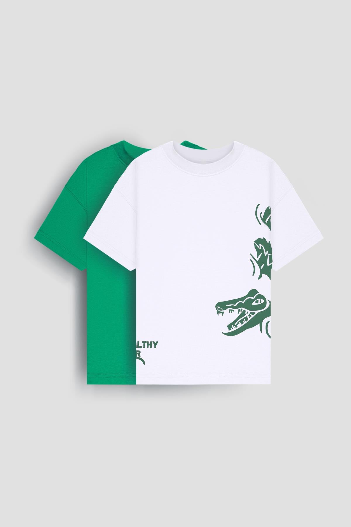 %100 Pamuk İkili Timsah Baskılı Tişört - İkili Erkek Çocuk Oversize Tişört Ekru/Yeşil - Perendi