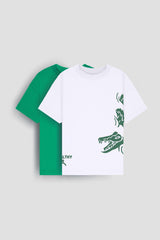 %100 Pamuk İkili Timsah Baskılı Tişört - İkili Erkek Çocuk Oversize Tişört Ekru/Yeşil