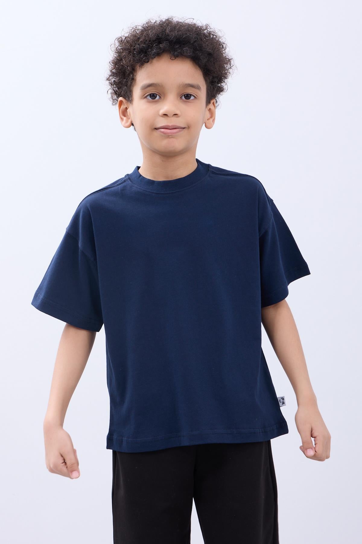 %100 Pamuk İkili Timsah Baskılı Tişört - İkili Erkek Çocuk Oversize Tişört Gri/İndigo - Perendi