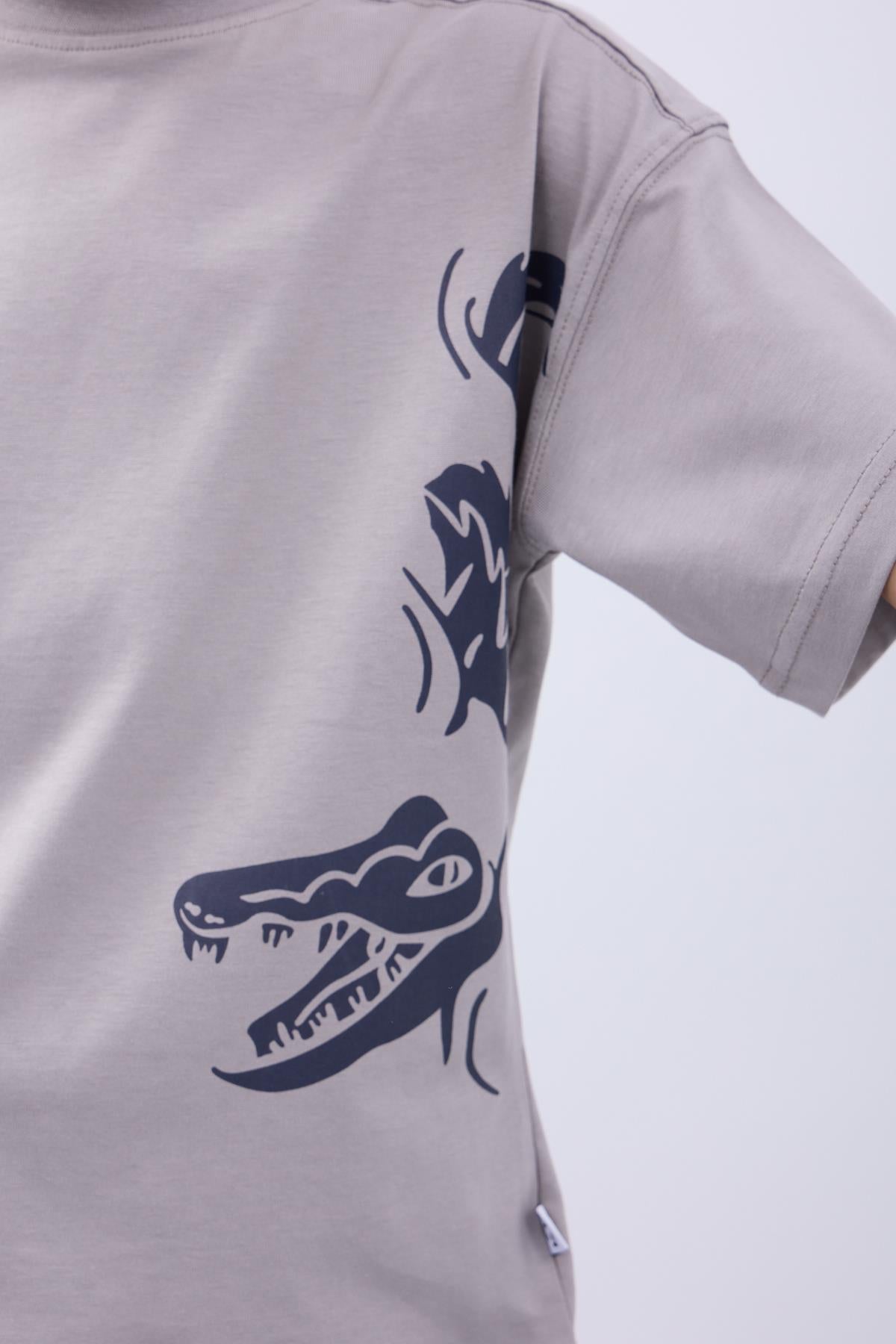 %100 Pamuk İkili Timsah Baskılı Tişört - İkili Erkek Çocuk Oversize Tişört Gri/İndigo - Perendi