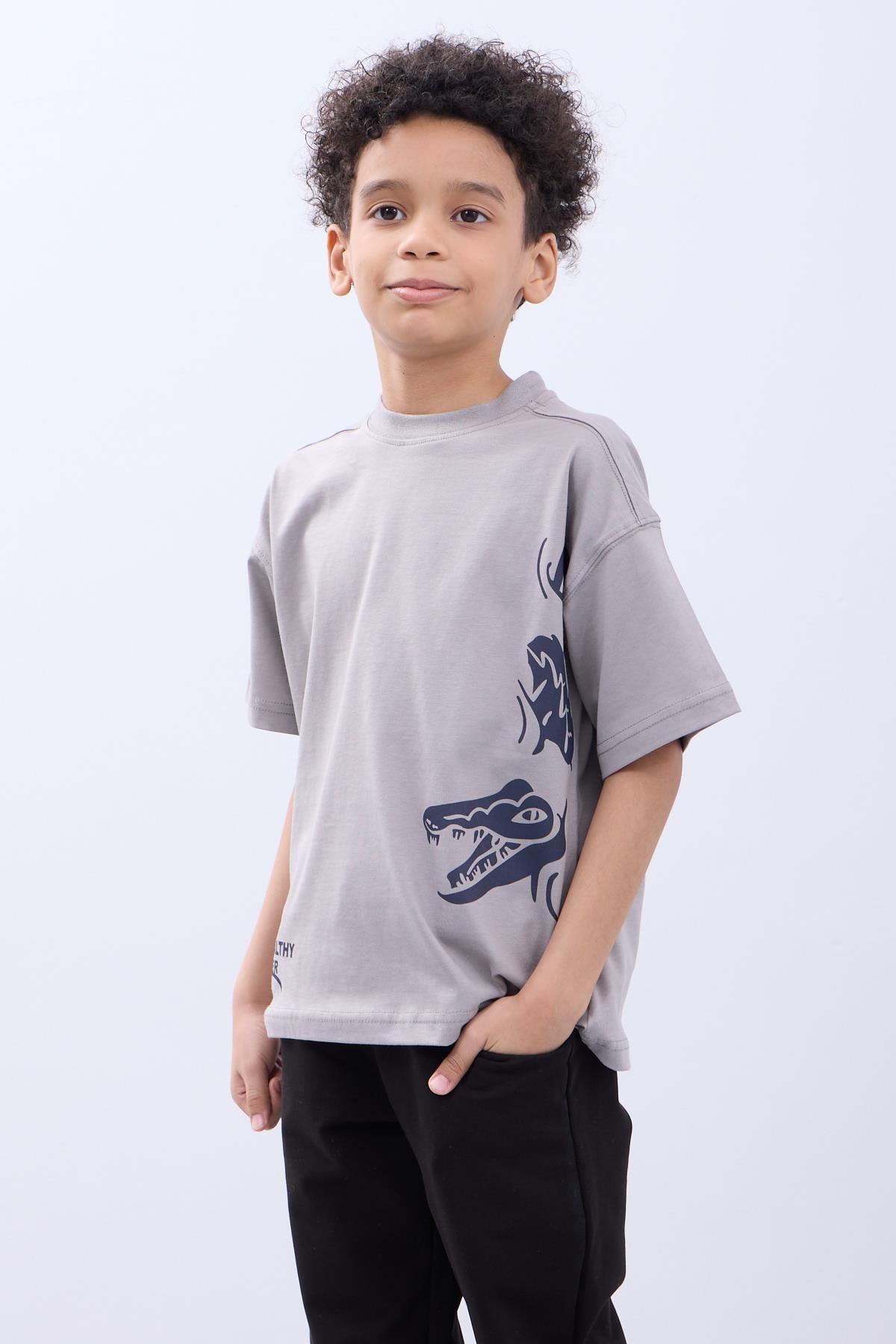 %100 Pamuk İkili Timsah Baskılı Tişört - İkili Erkek Çocuk Oversize Tişört Gri/İndigo - Perendi