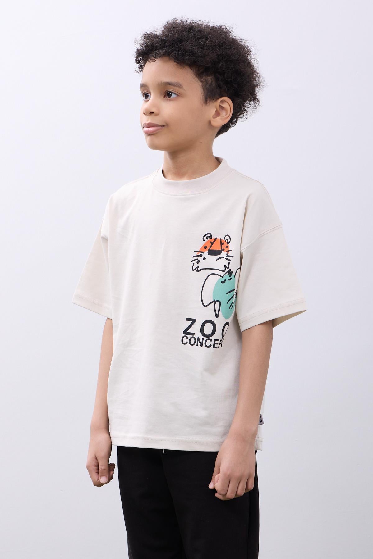 %100 Pamuk İkili Zoo Baskılı Tişört İkili Erkek Çocuk Oversize Tişört