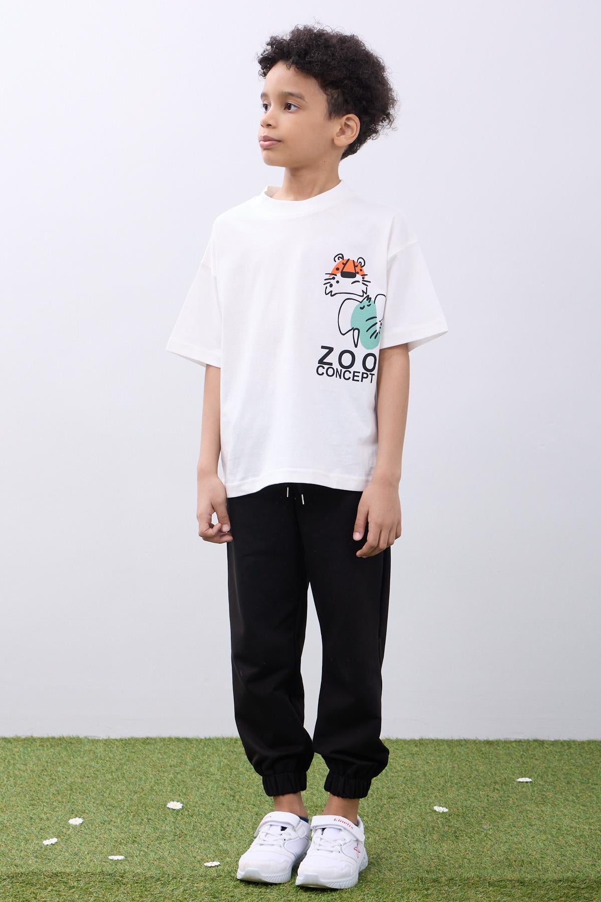 %100 Pamuk İkili Zoo Baskılı Tişört - İkili Erkek Çocuk Oversize Tişört Ekru/Füme - Perendi