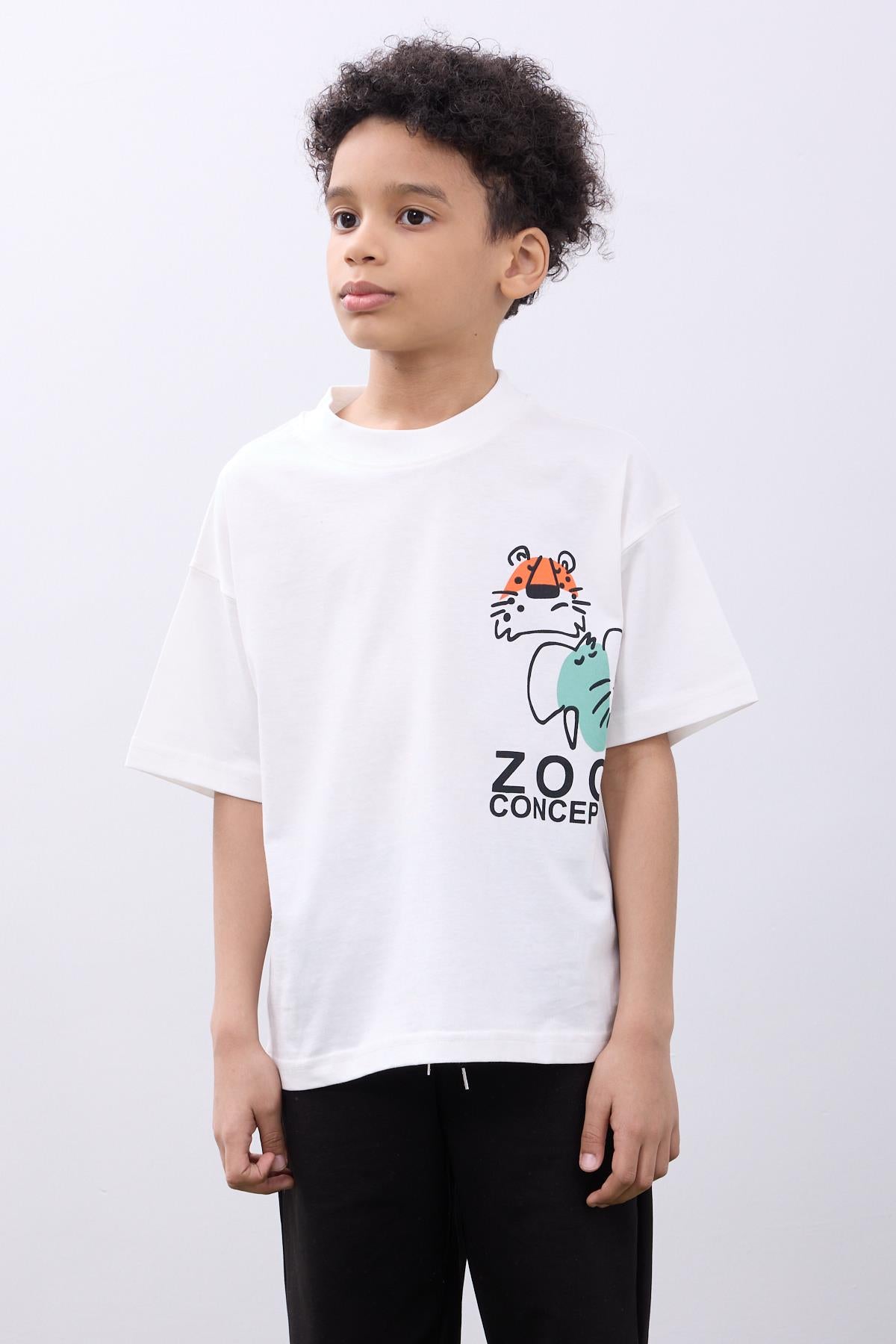 %100 Pamuk İkili Zoo Baskılı Tişört - İkili Erkek Çocuk Oversize Tişört Ekru/Füme - Perendi