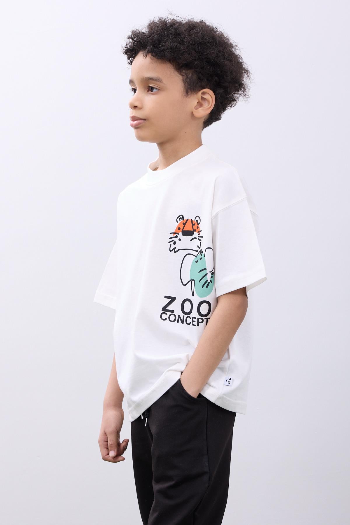 %100 Pamuk İkili Zoo Baskılı Tişört - İkili Erkek Çocuk Oversize Tişört Ekru/Füme - Perendi