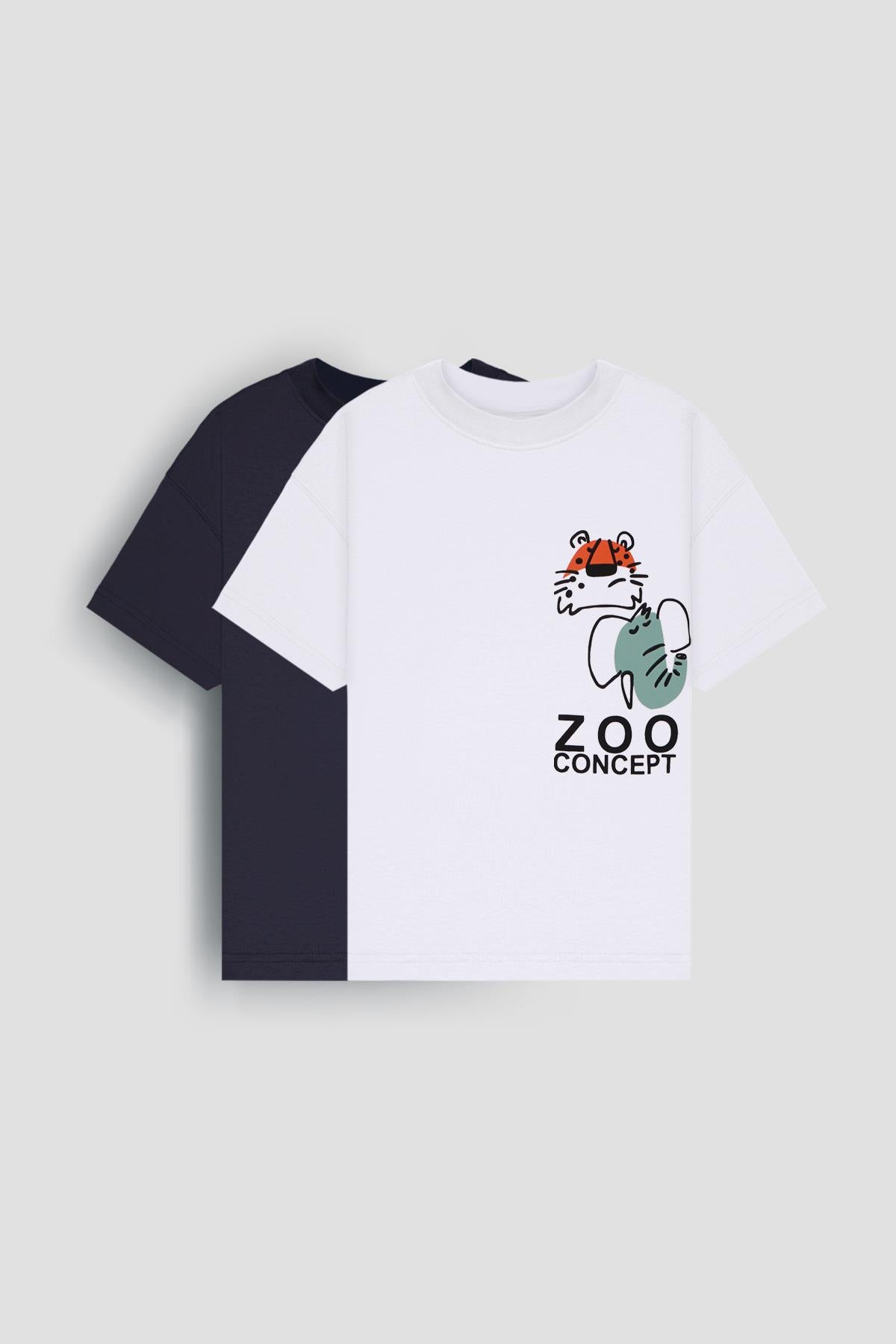 %100 Pamuk İkili Zoo Baskılı Tişört - İkili Erkek Çocuk Oversize Tişört Ekru/Füme - Perendi