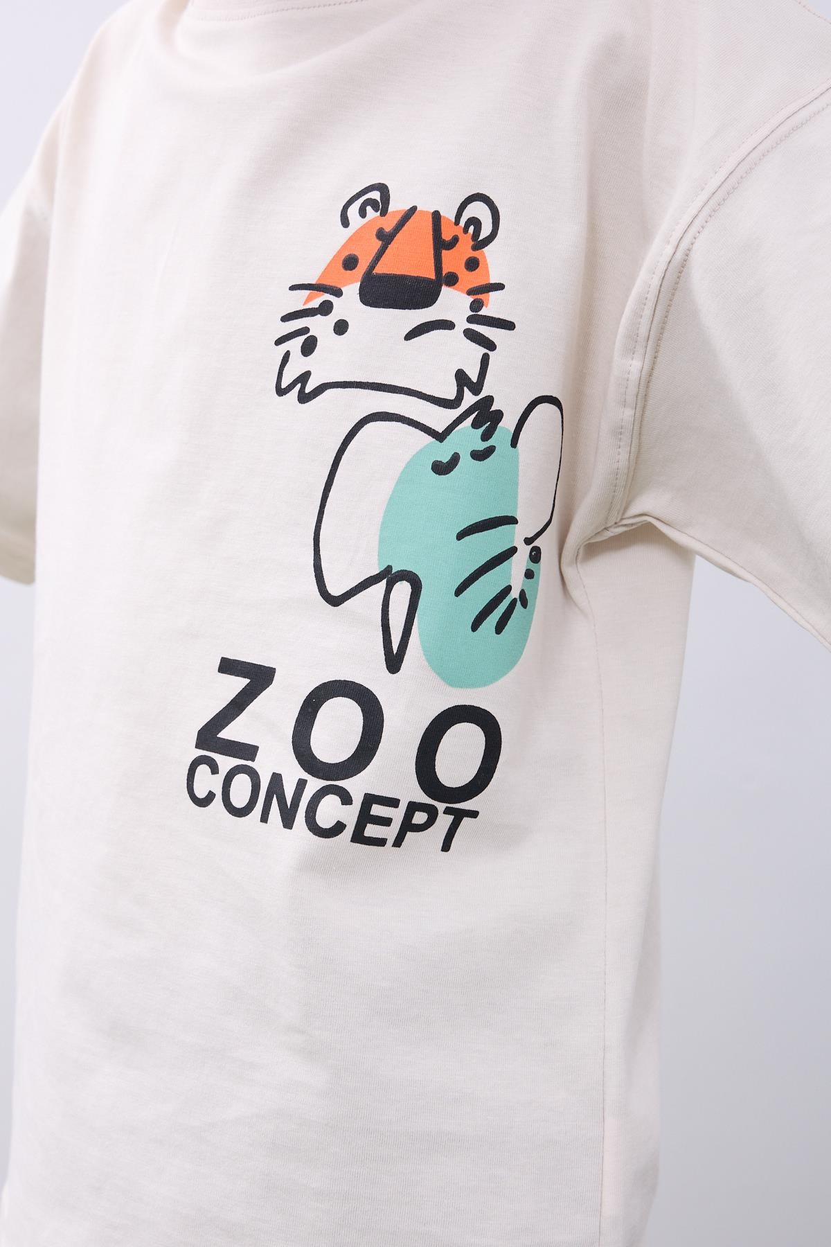 %100 Pamuk İkili Zoo Baskılı Tişört - İkili Erkek Çocuk Oversize Tişört Taş/Haki - Perendi