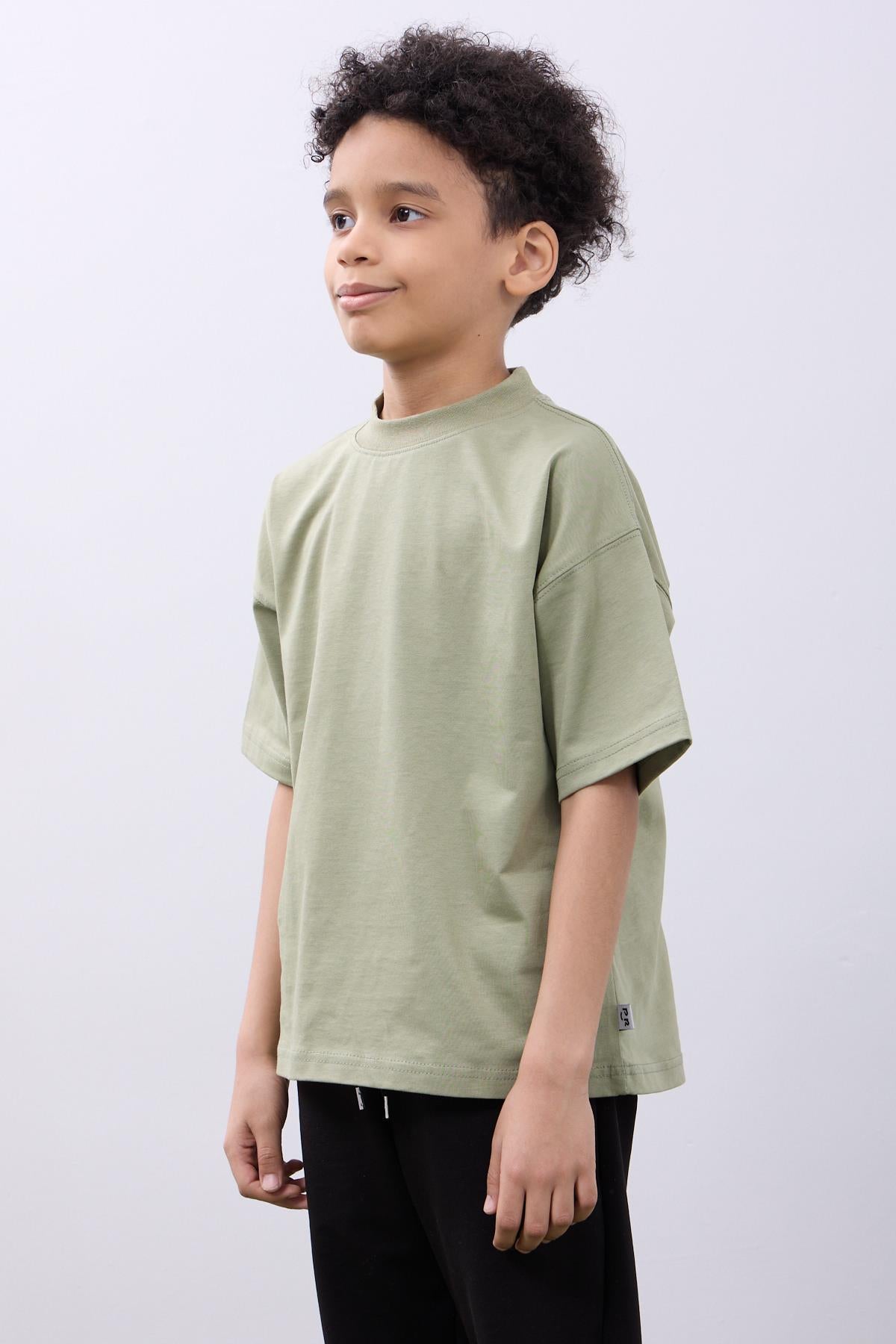 %100 Pamuk İkili Zoo Baskılı Tişört - İkili Erkek Çocuk Oversize Tişört Taş/Haki - Perendi