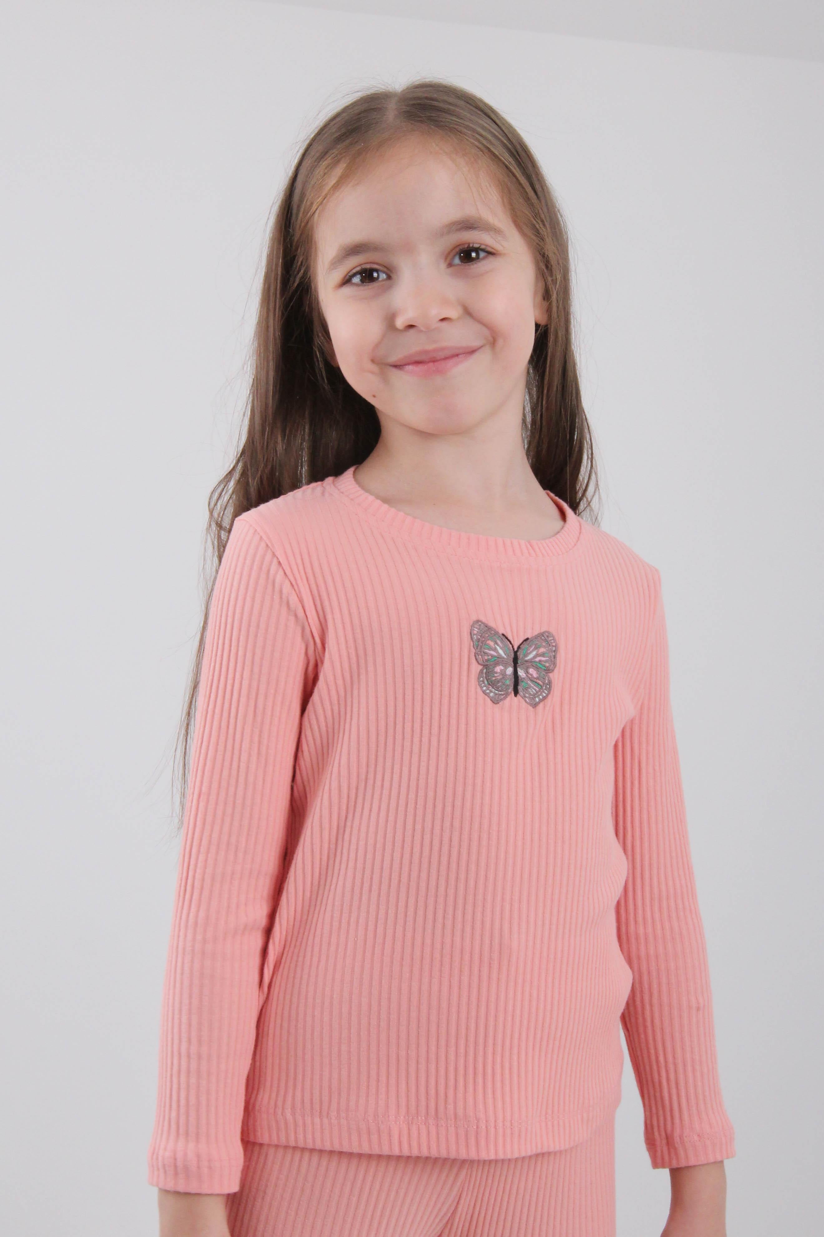 %100 Pamuklu Kelebek Nakışlı Kız Çocuk Sweatshirt Somon - Perendi