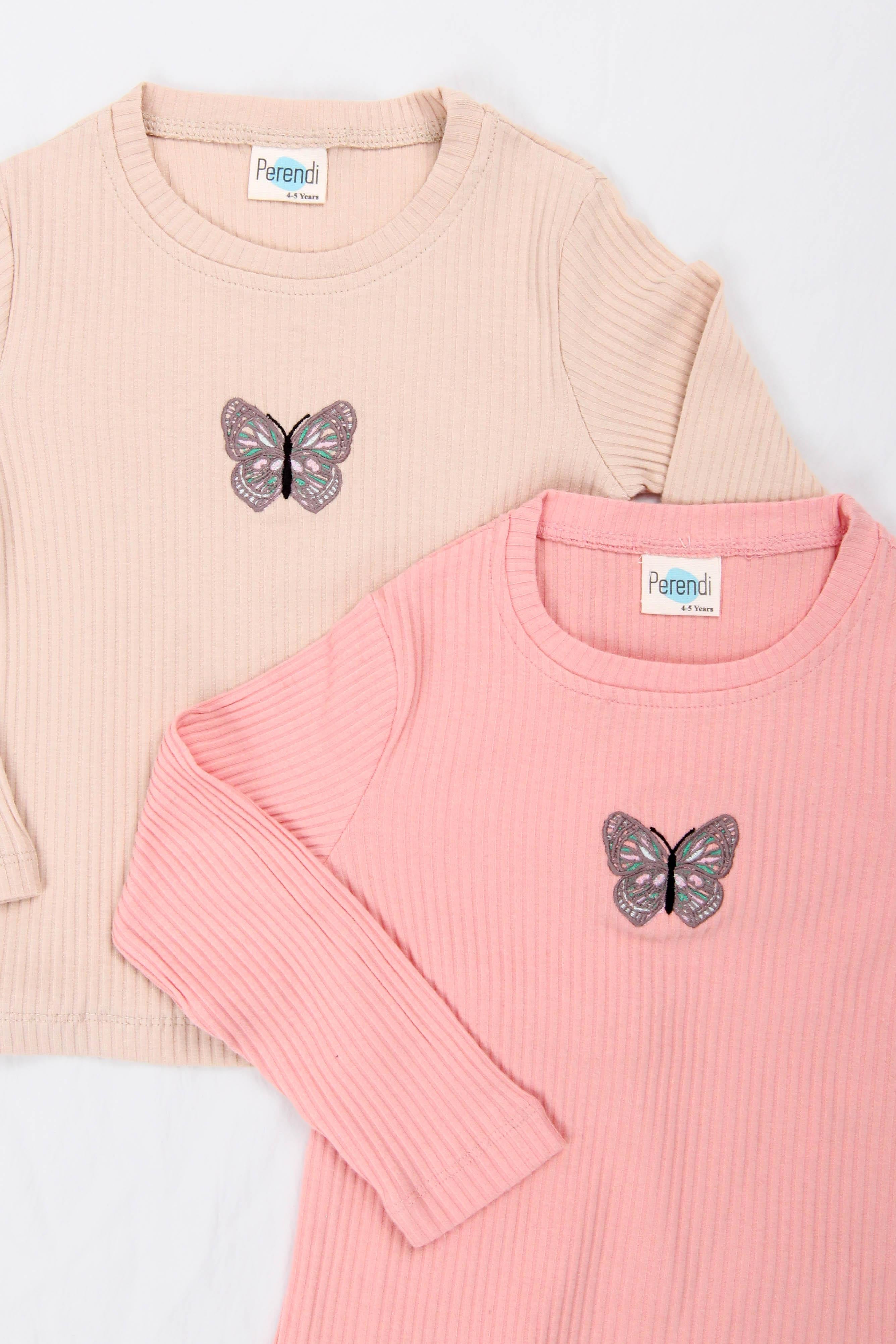 %100 Pamuklu Kelebek Nakışlı Kız Çocuk Sweatshirt Somon - Perendi