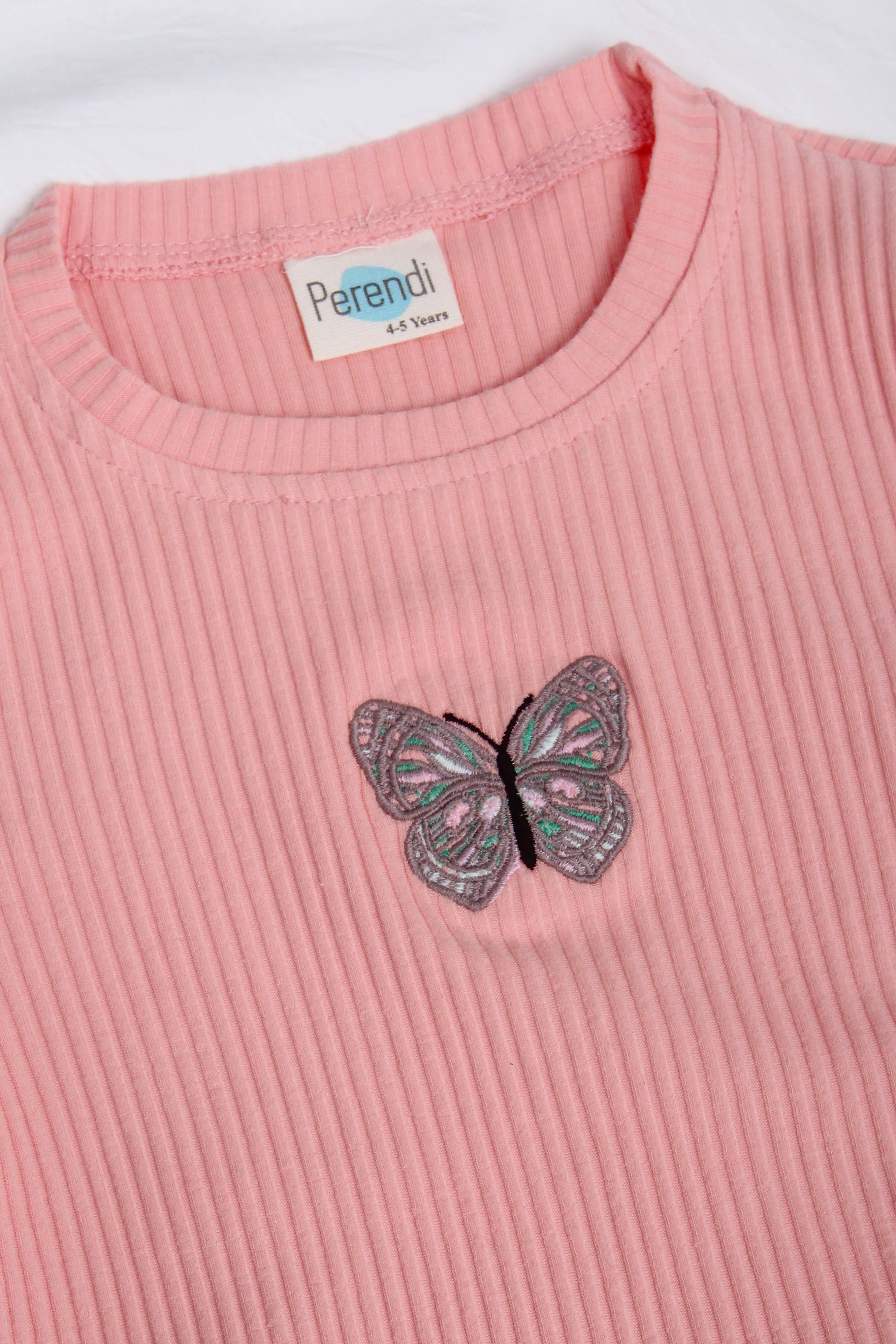 %100 Pamuklu Kelebek Nakışlı Kız Çocuk Sweatshirt Somon - Perendi