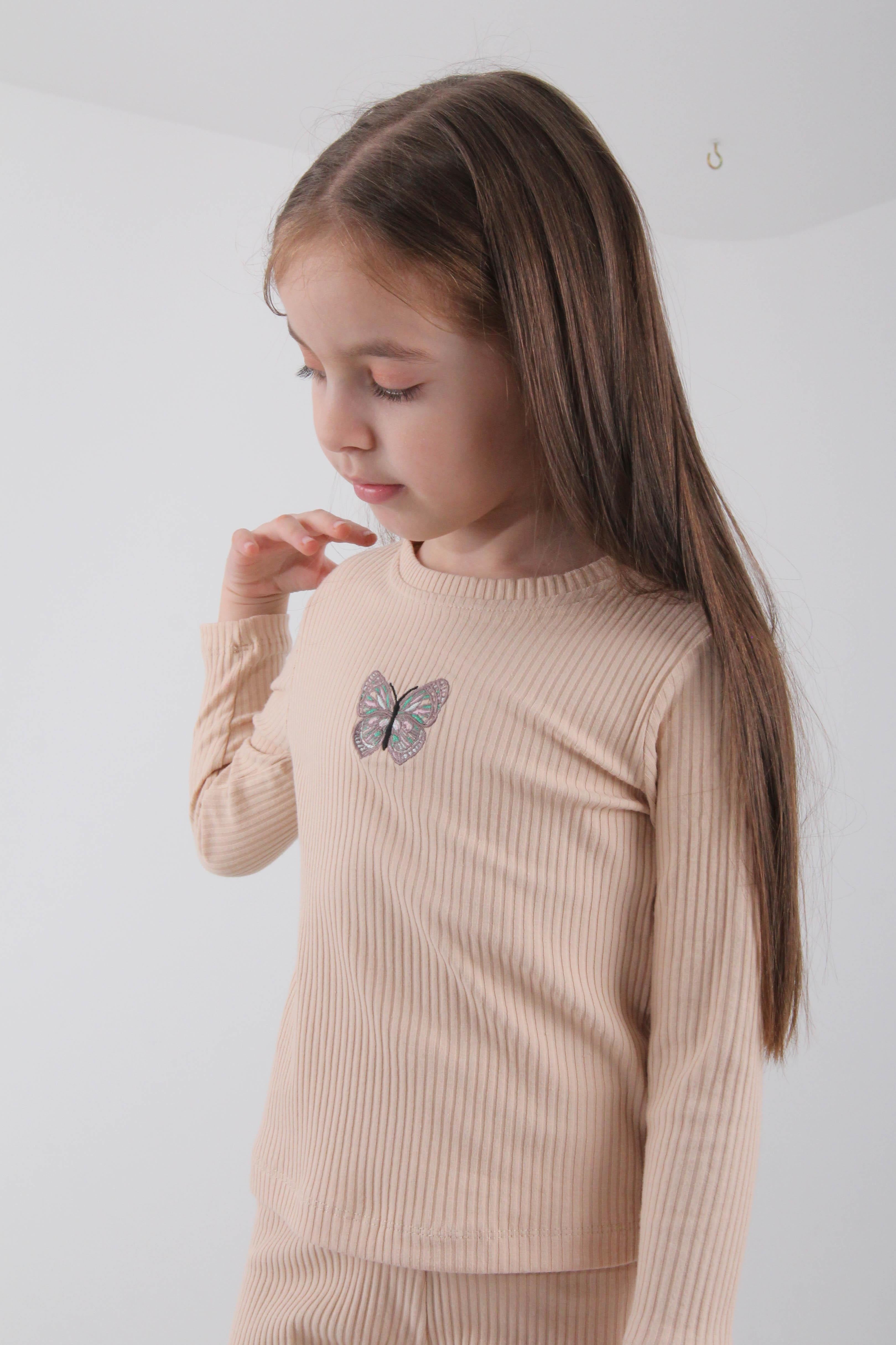 %100 Pamuklu Kelebek Nakışlı Kız Çocuk Sweatshirt Taş - Perendi