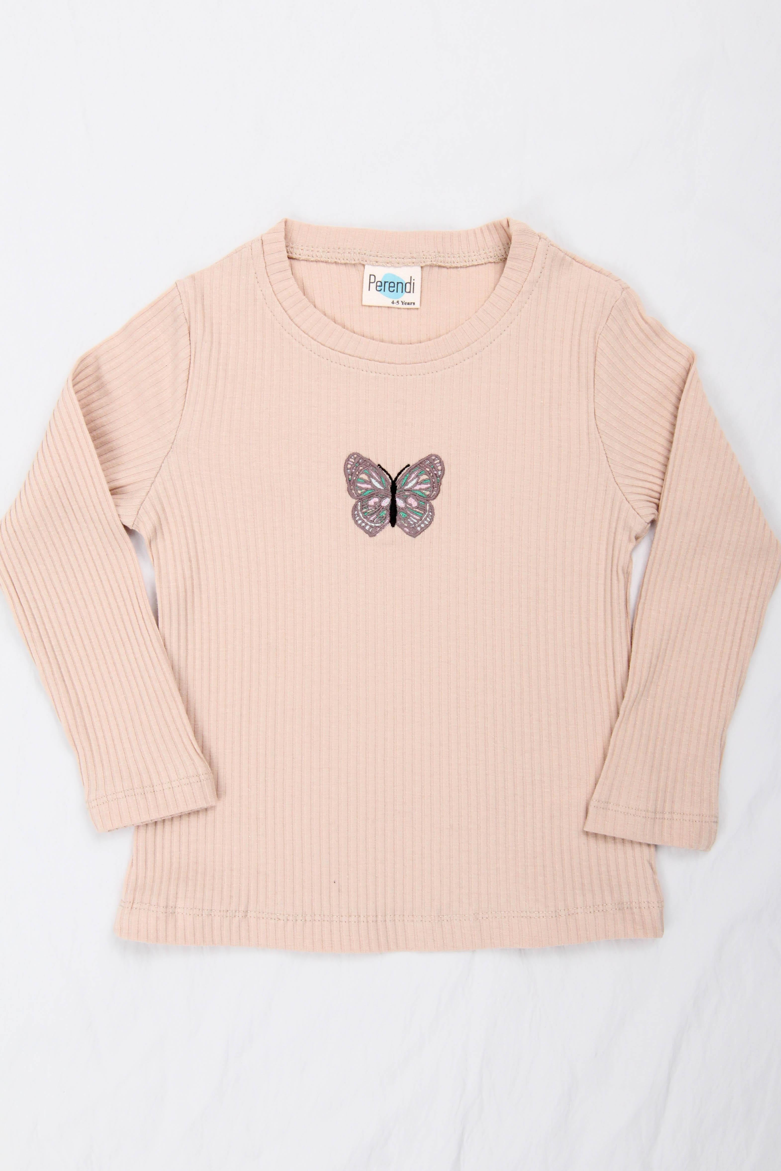 %100 Pamuklu Kelebek Nakışlı Kız Çocuk Sweatshirt Taş - Perendi