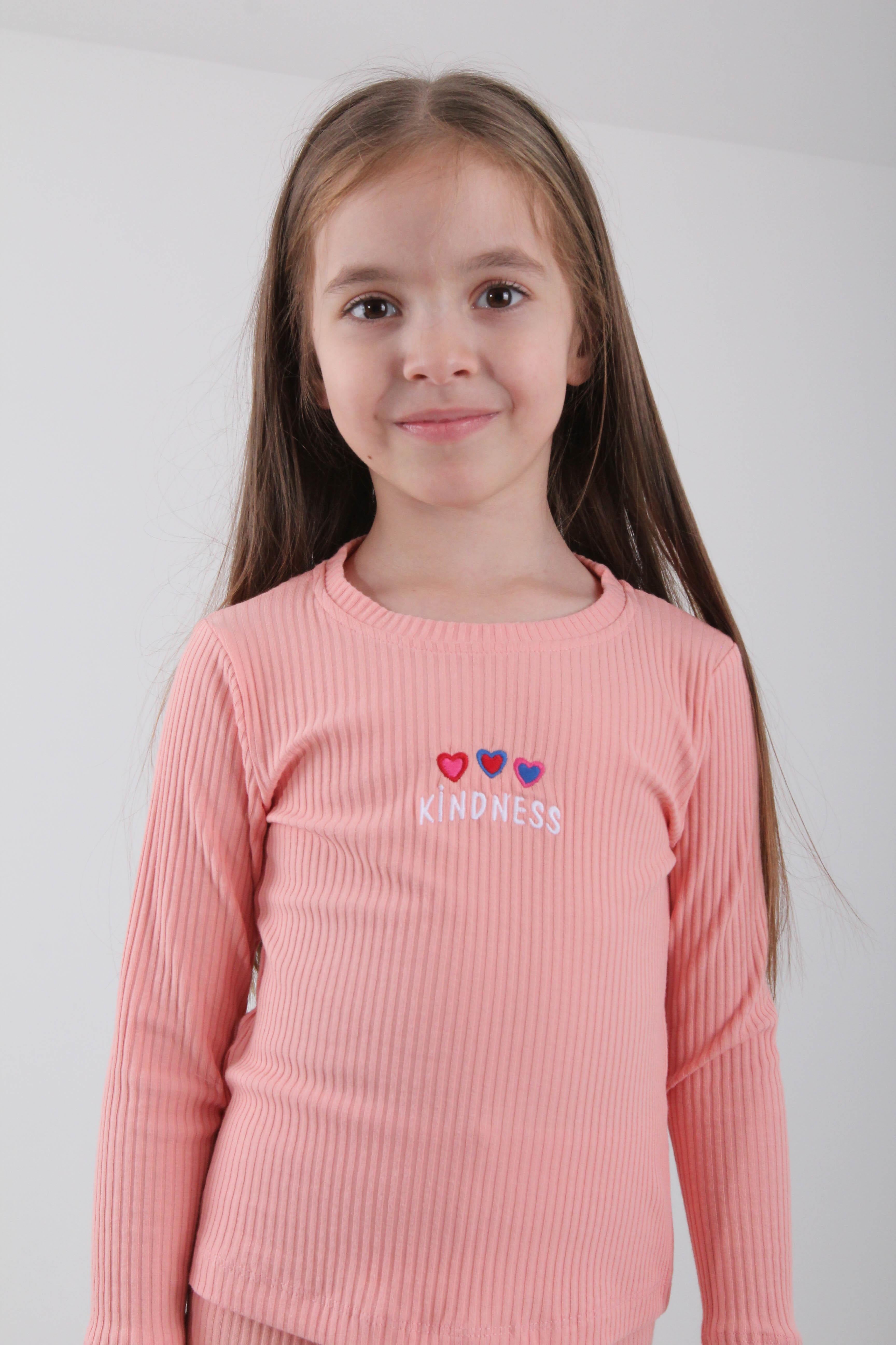 %100 Pamuklu Kindness ve Kalp Nakışlı Kız Çocuk Sweatshirt