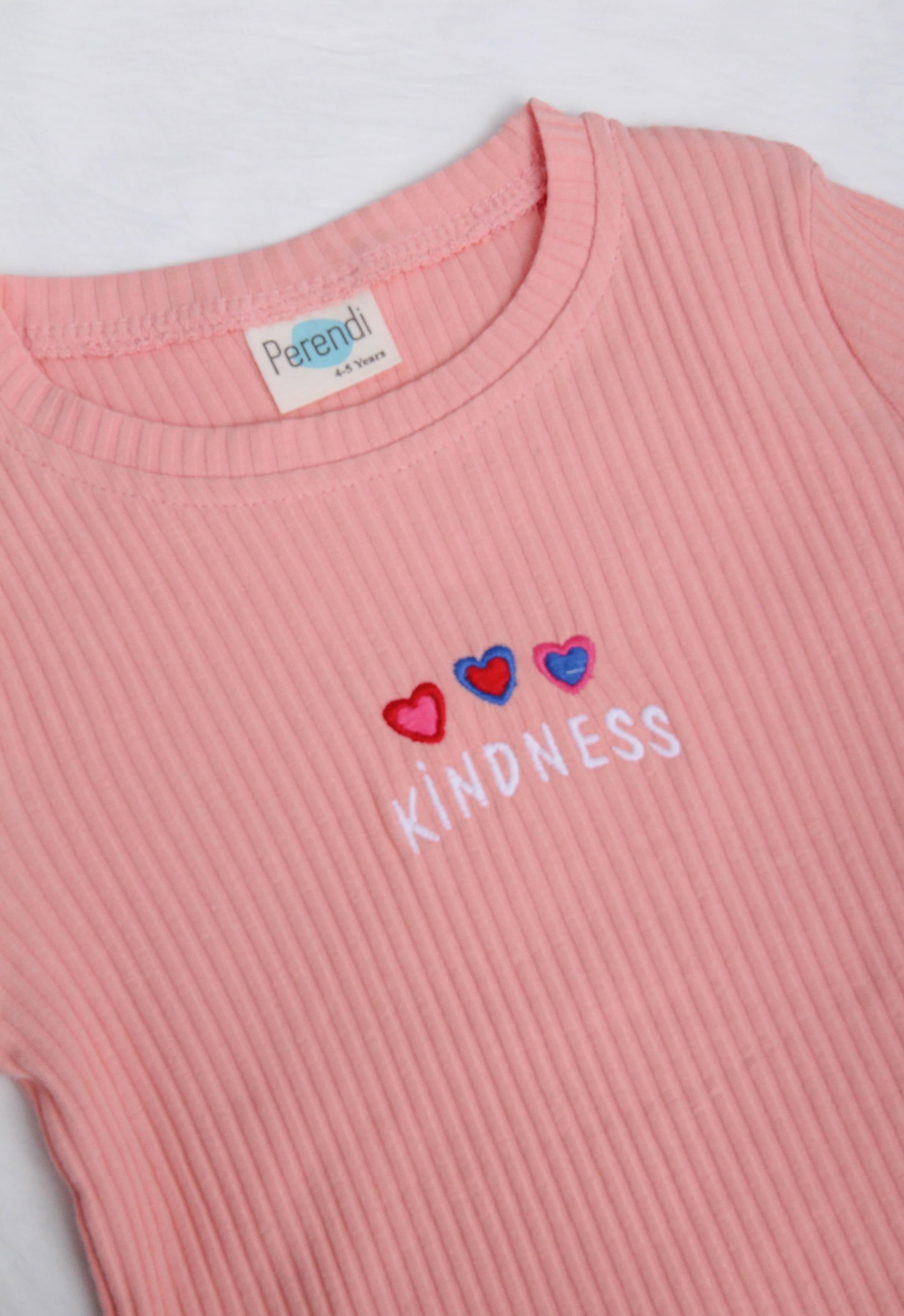 %100 Pamuklu Kindness ve Kalp Nakışlı Kız Çocuk Sweatshirt Somon - Perendi