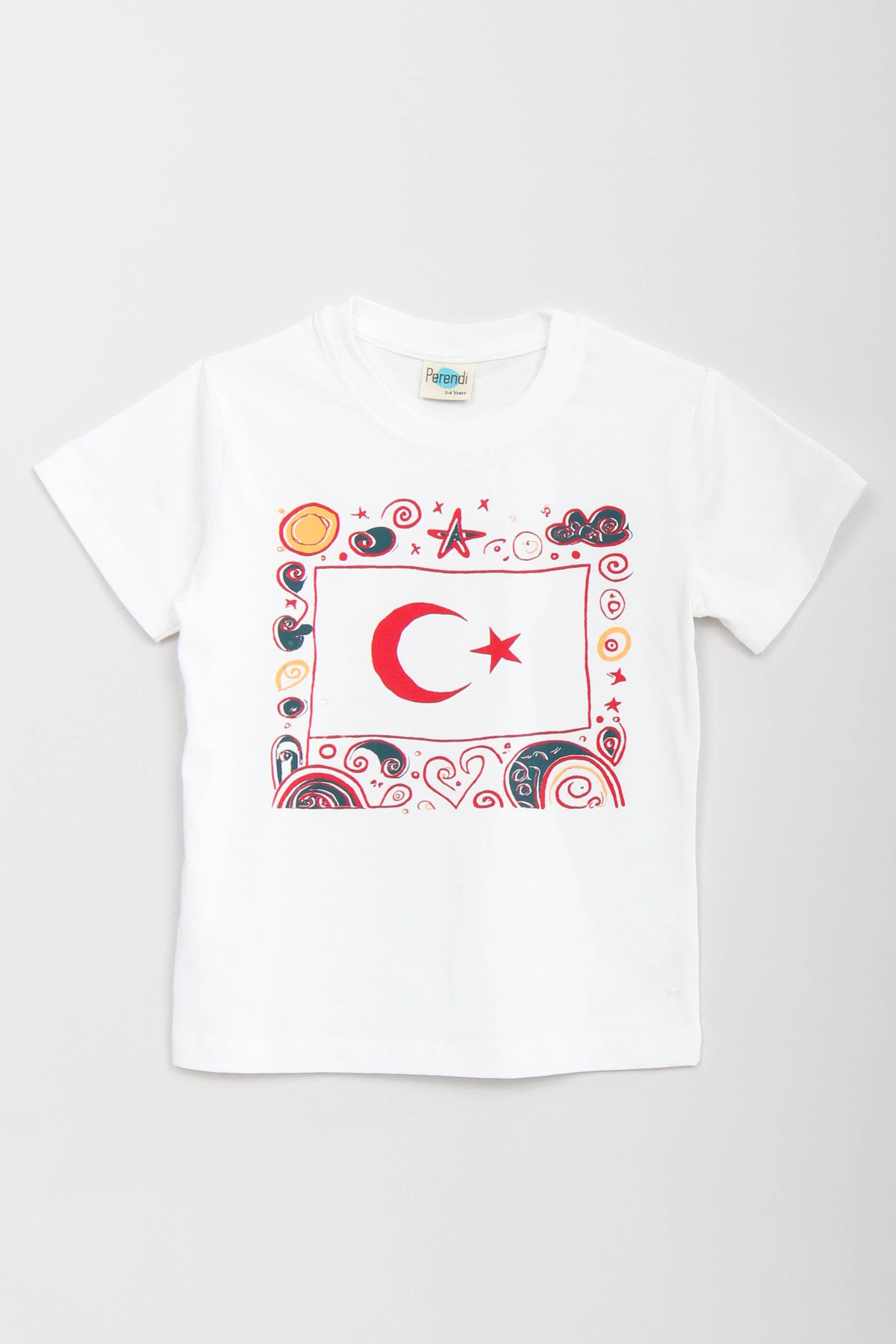%100 Pamuklu Türk Bayraklı Kız Erkek Çocuk Tişört Beyaz - 23 Nisan 29 Ekim Bayramı - Perendi