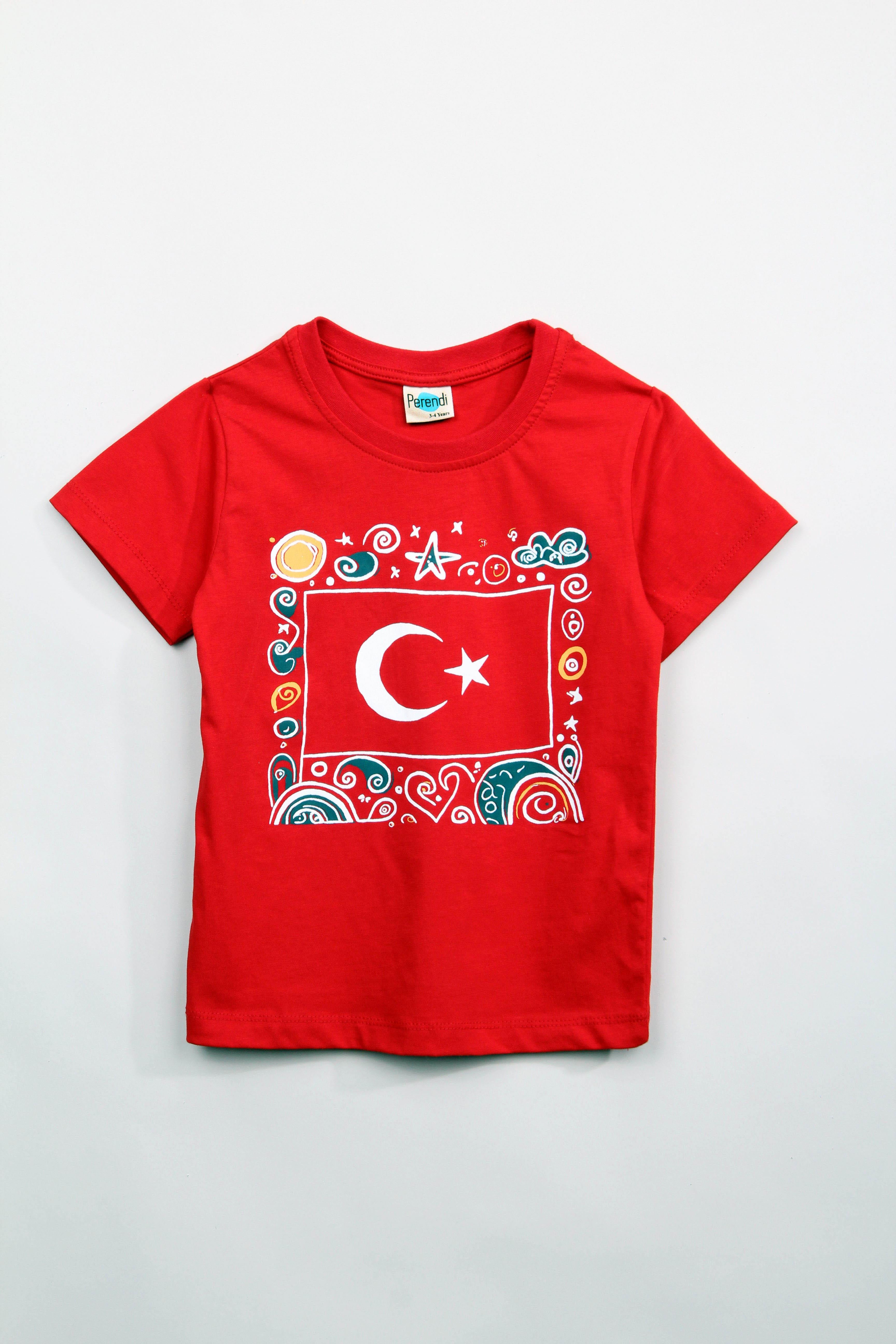 %100 Pamuklu Türk Bayraklı Kız Erkek Çocuk Tişört Kırmızı - 23 Nisan 29 Ekim Bayramı - Perendi