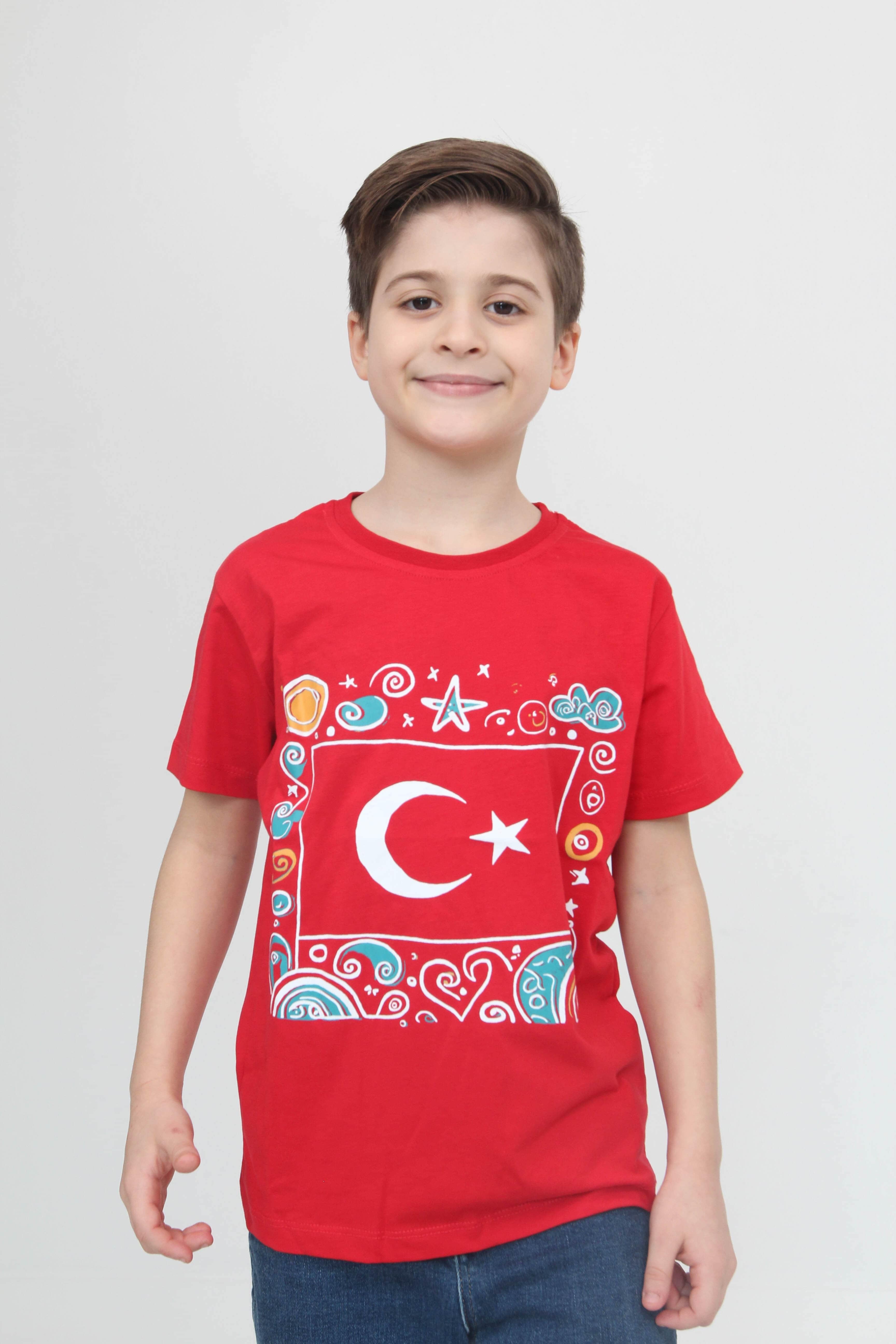 %100 Pamuklu Türk Bayraklı Kız Erkek Çocuk Tişört Kırmızı - 23 Nisan 29 Ekim Bayramı - Perendi