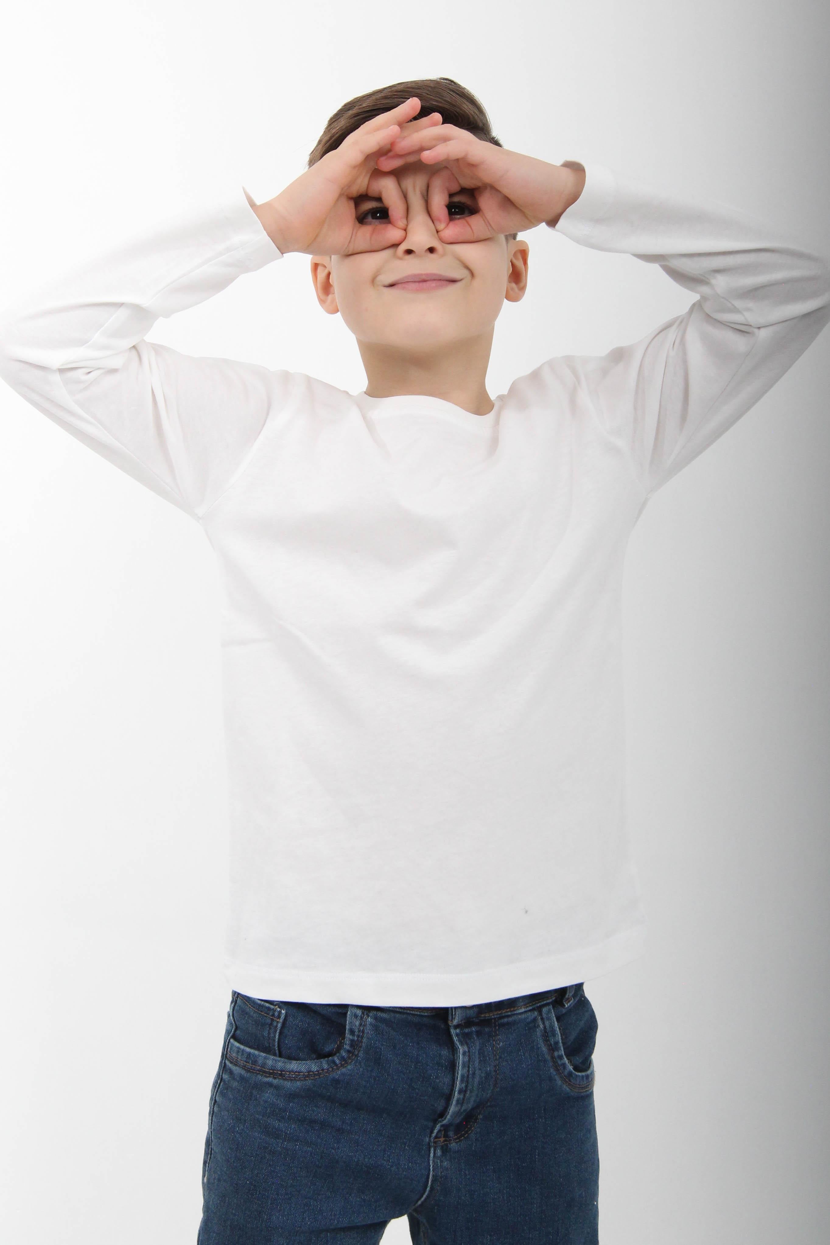 %100 Pamuklu Kız ve Erkek Unisex Uzun Kollu Basic Tshirt Ekru - Perendi