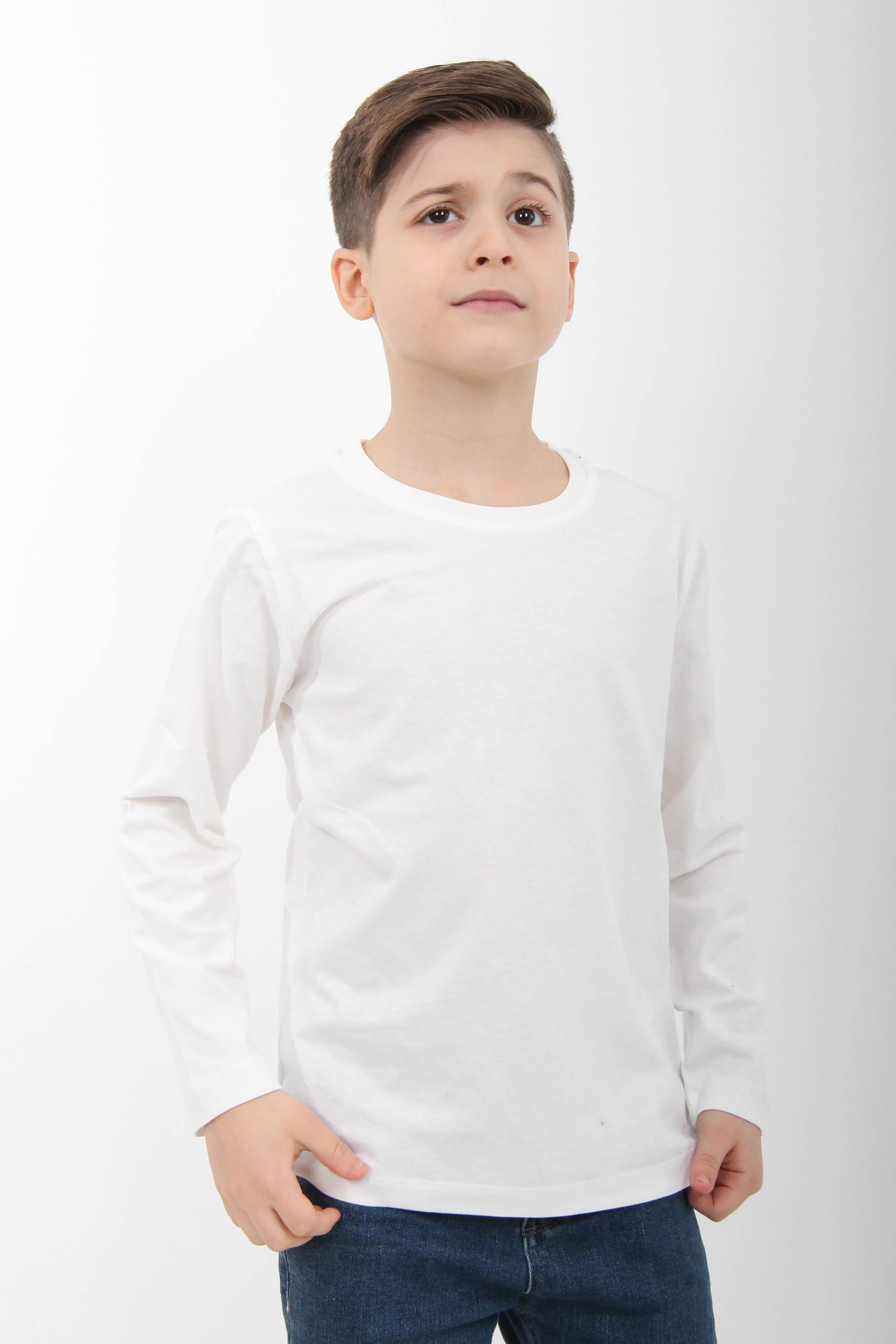 %100 Pamuklu Kız ve Erkek Unisex Uzun Kollu Basic Tshirt Ekru - Perendi