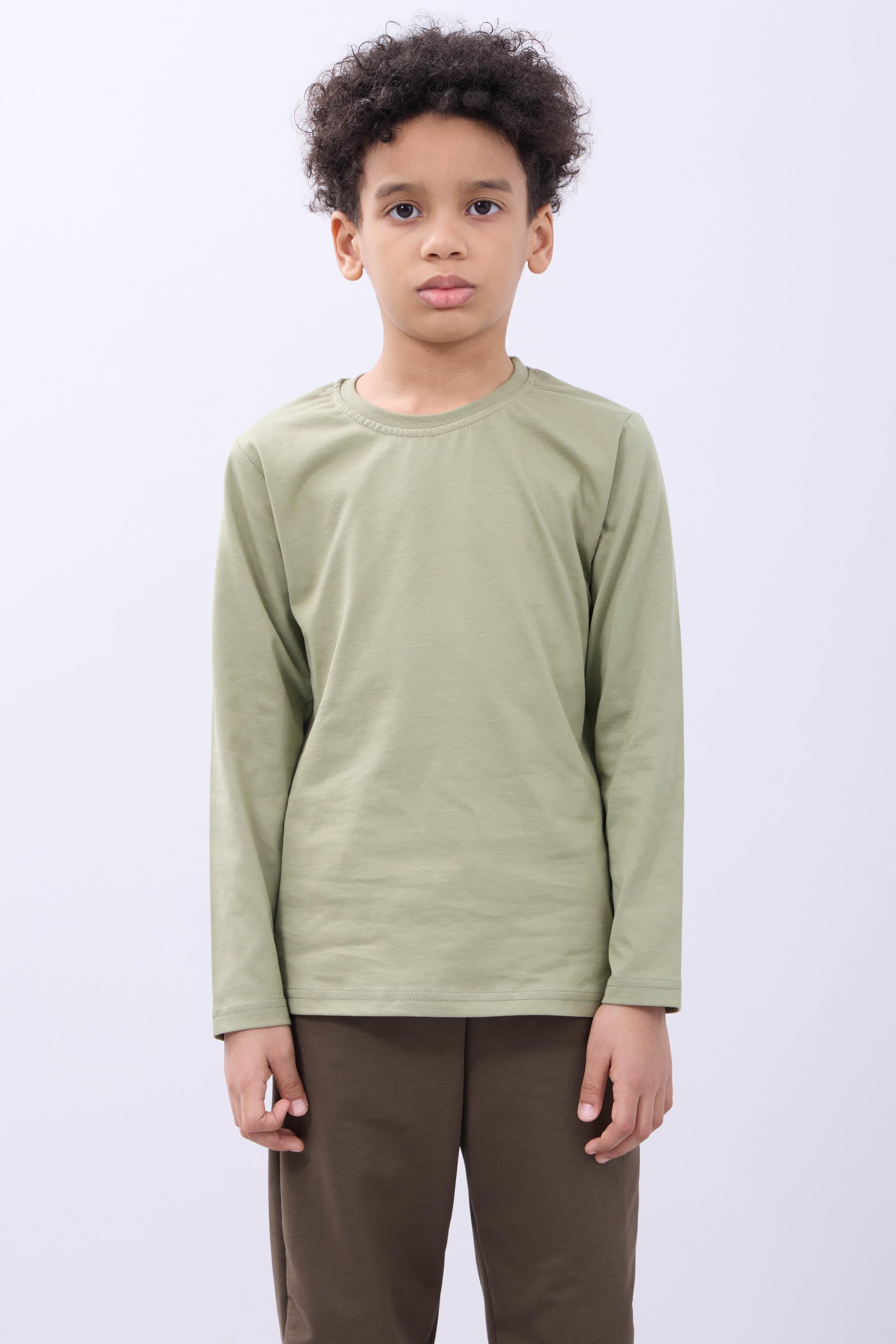 %100 Pamuklu Kız ve Erkek Unisex Uzun Kollu Basic Tshirt Haki - Perendi