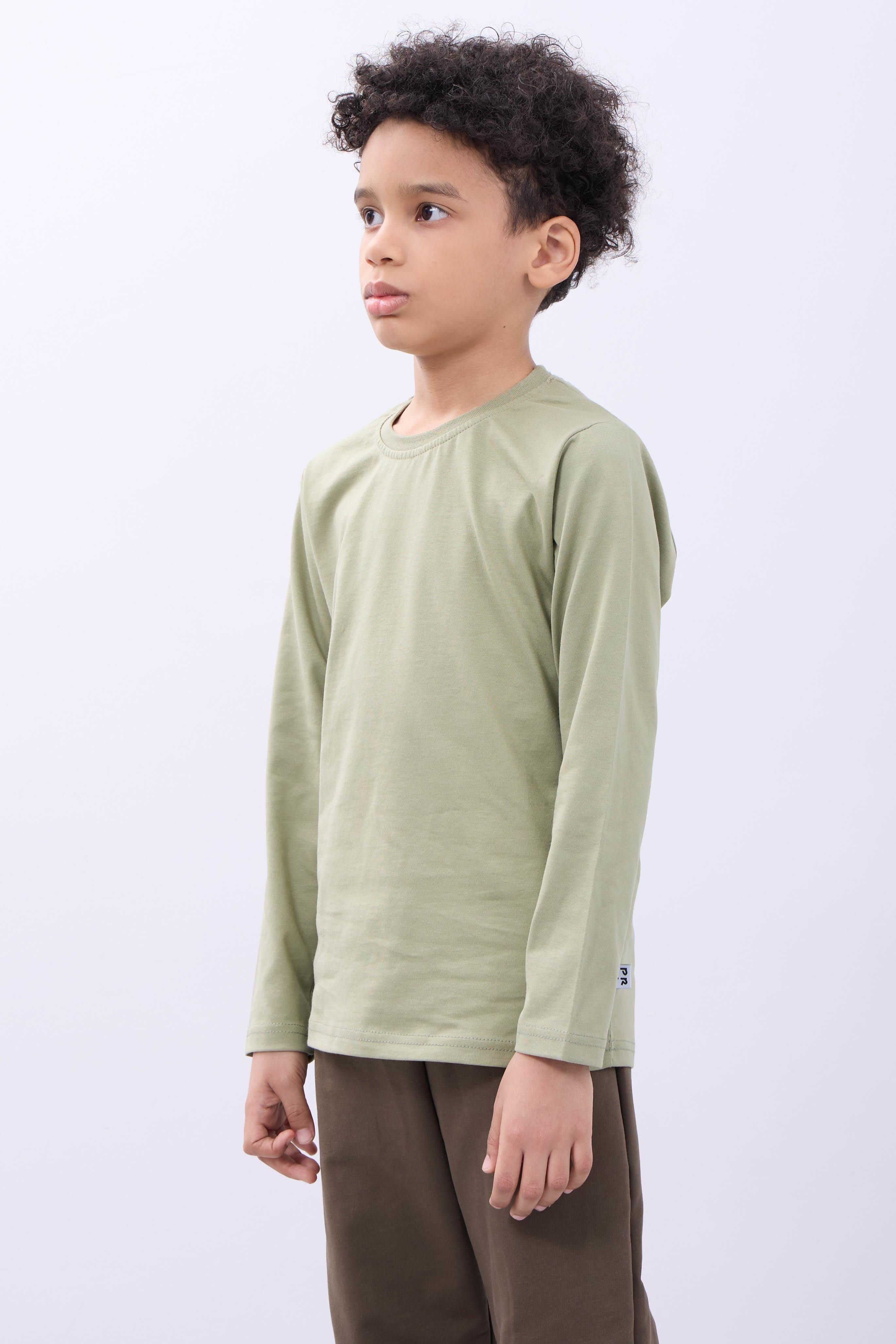 %100 Pamuklu Kız ve Erkek Unisex Uzun Kollu Basic Tshirt Haki - Perendi