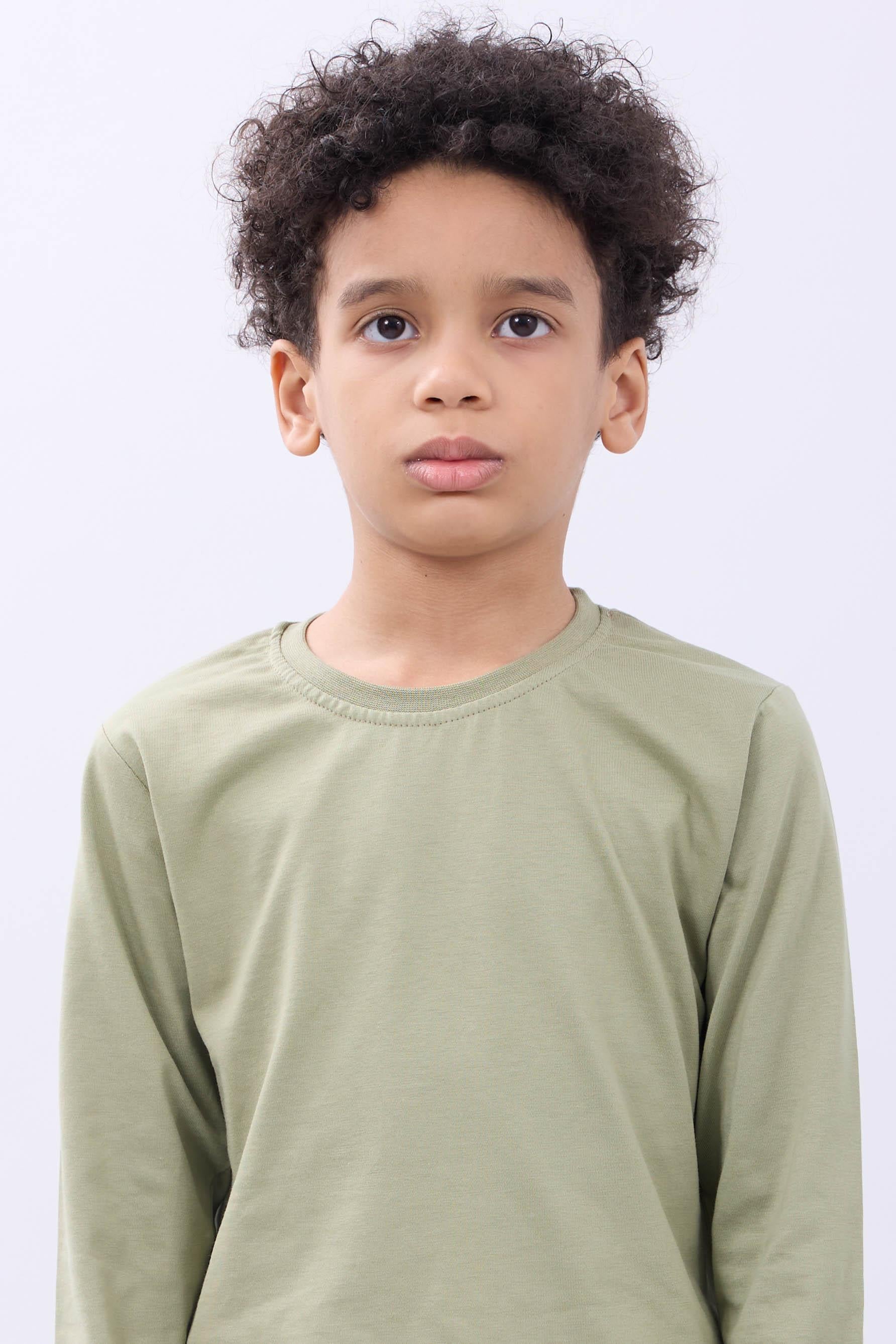 %100 Pamuklu Kız ve Erkek Unisex Uzun Kollu Basic Tshirt Haki - Perendi