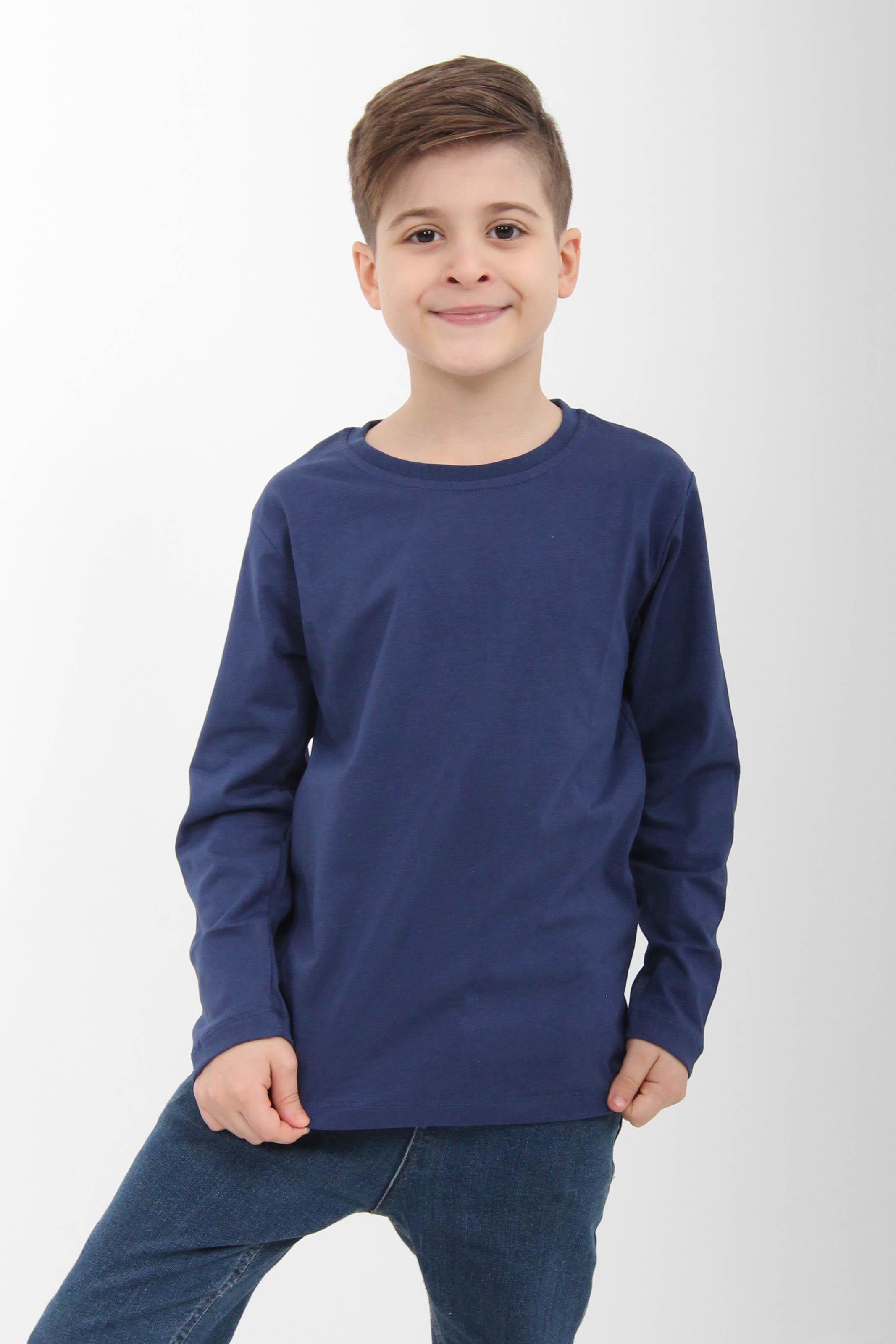 %100 Pamuklu Kız ve Erkek Unisex Uzun Kollu Basic Tshirt İndigo - Perendi