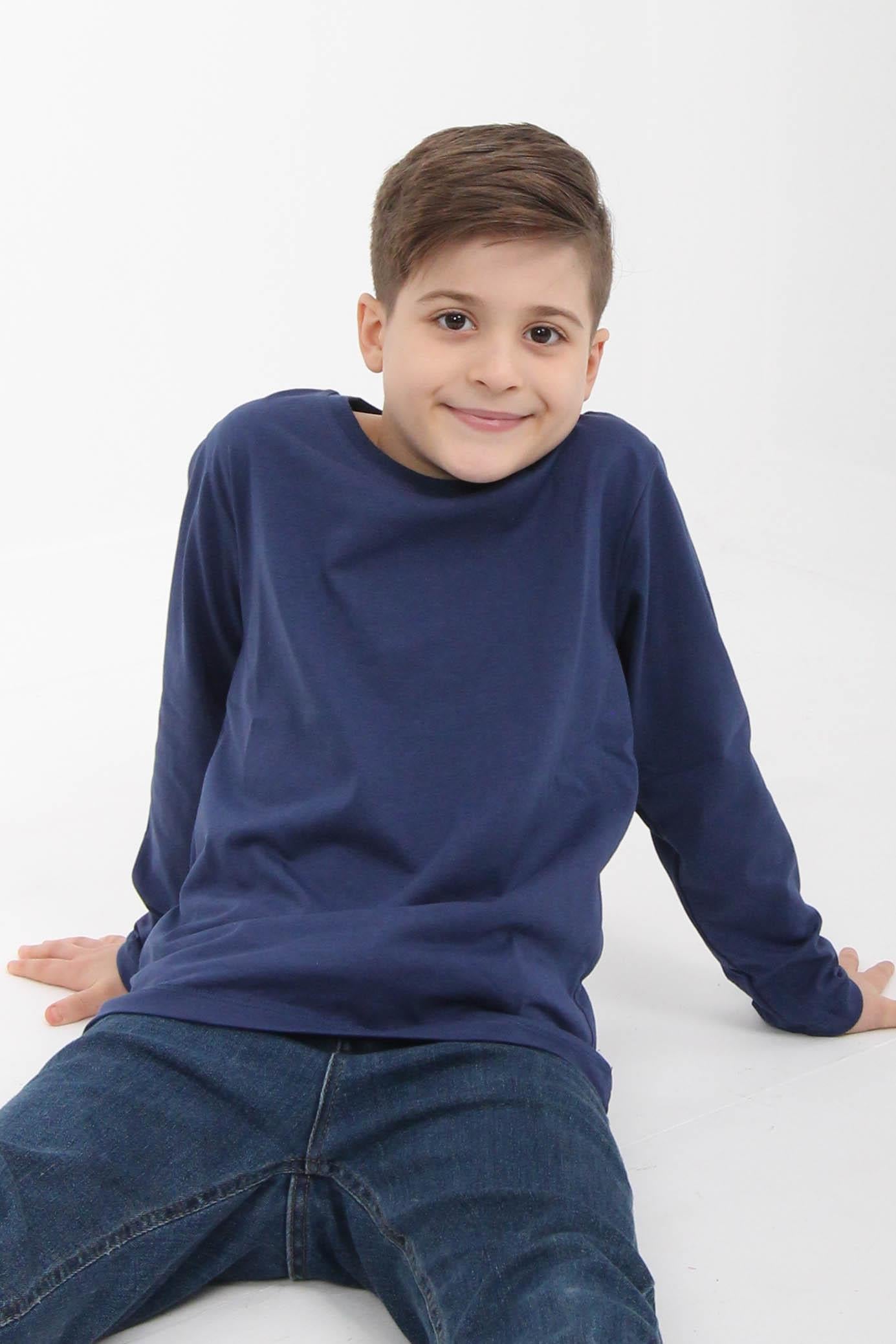 %100 Pamuklu Kız ve Erkek Unisex Uzun Kollu Basic Tshirt İndigo - Perendi