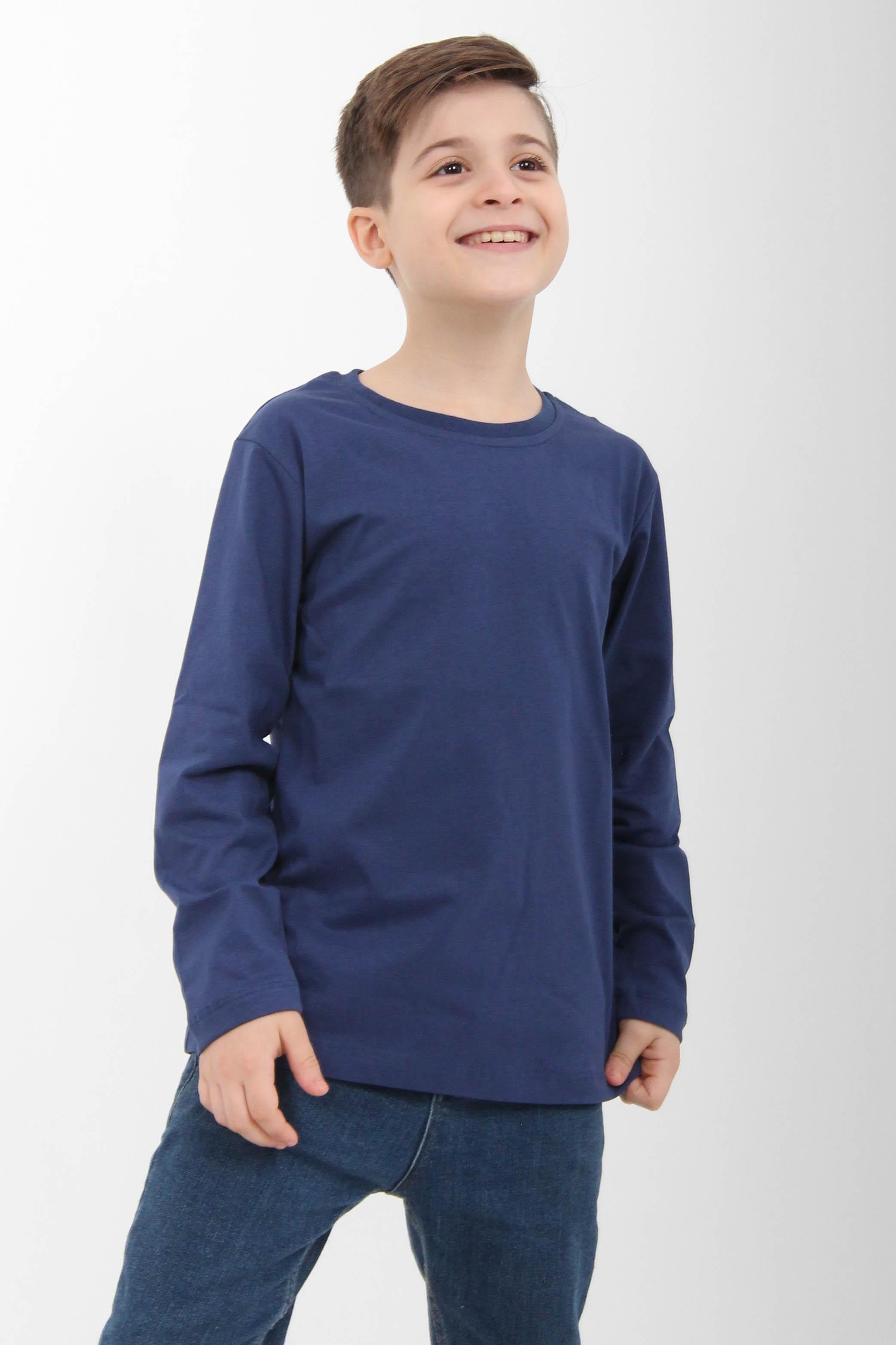 %100 Pamuklu Kız ve Erkek Unisex Uzun Kollu Basic Tshirt İndigo - Perendi