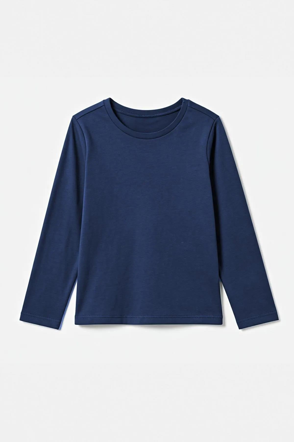 %100 Pamuklu Kız ve Erkek Unisex Uzun Kollu Basic Tshirt İndigo - Perendi