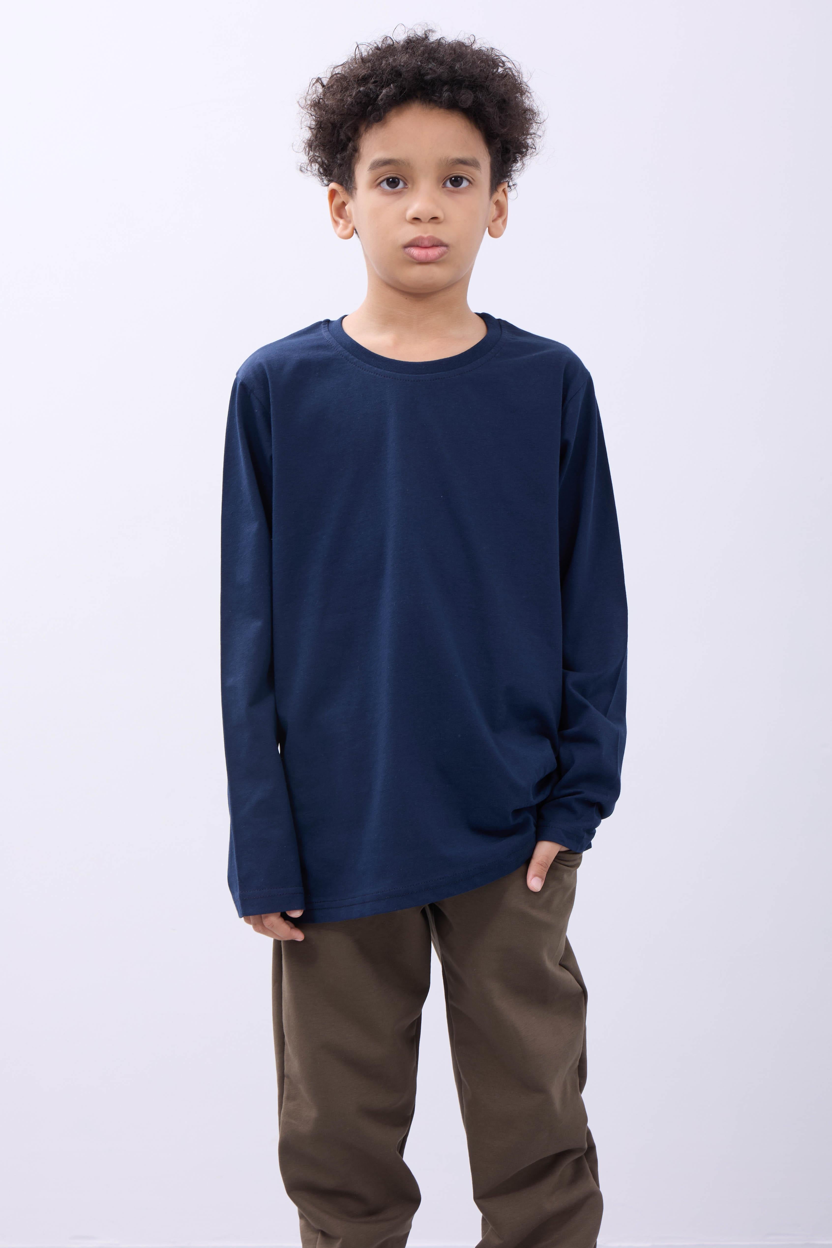 %100 Pamuklu Kız ve Erkek Unisex Uzun Kollu Basic Tshirt Lacivert - Perendi