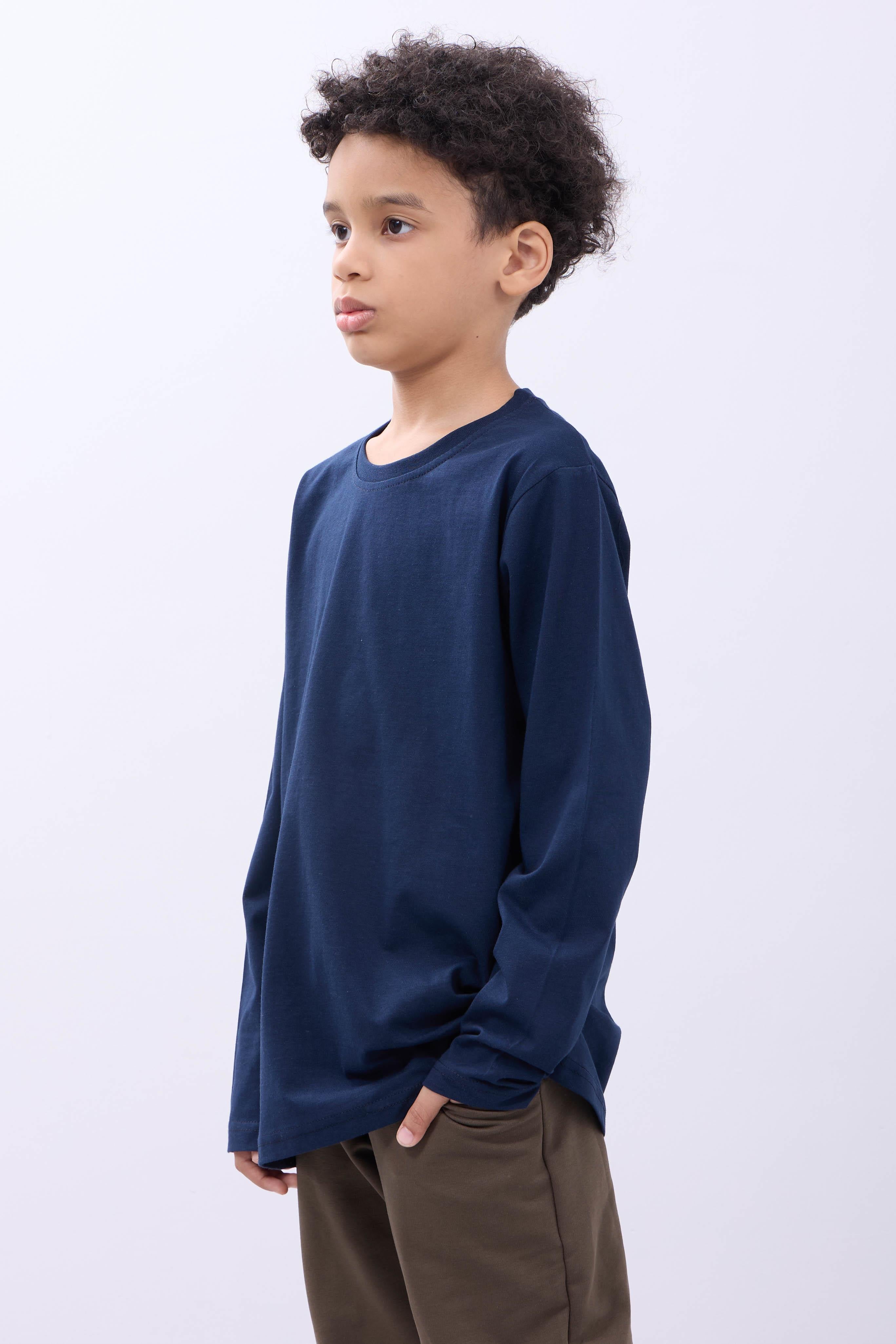 %100 Pamuklu Kız ve Erkek Unisex Uzun Kollu Basic Tshirt Lacivert - Perendi